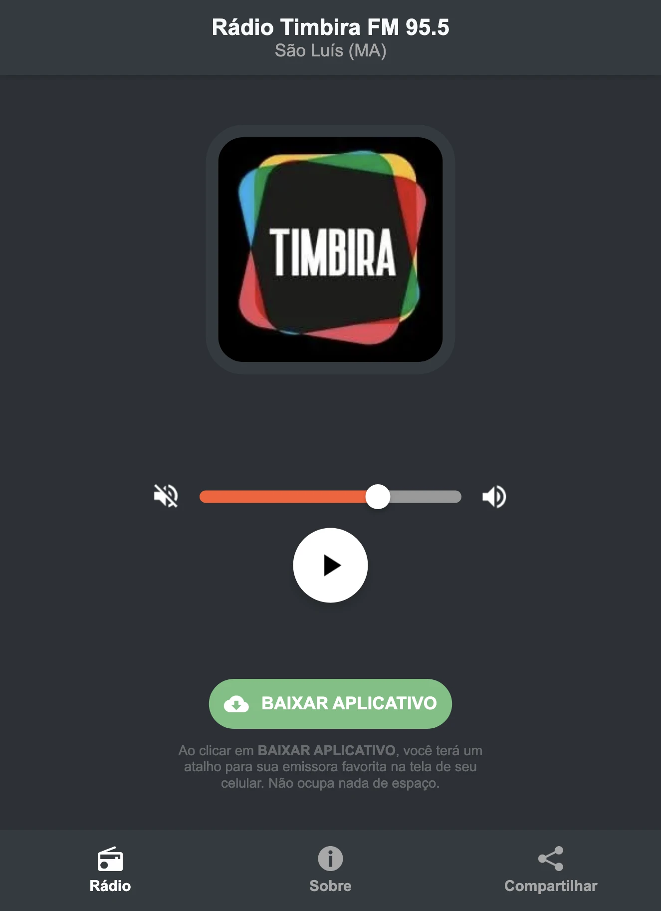 Screenshot do aplicativo da Rádio Timbira FM 95.5