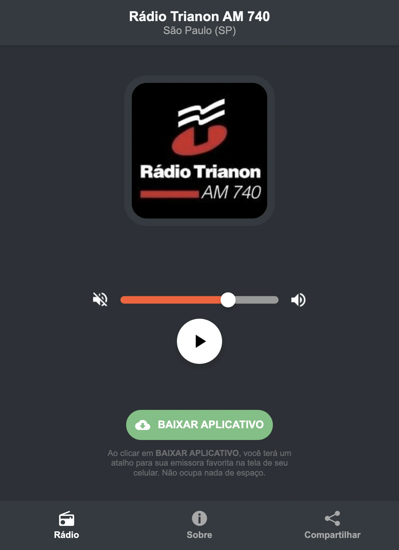 Screenshot do aplicativo da Rádio Trianon AM 740