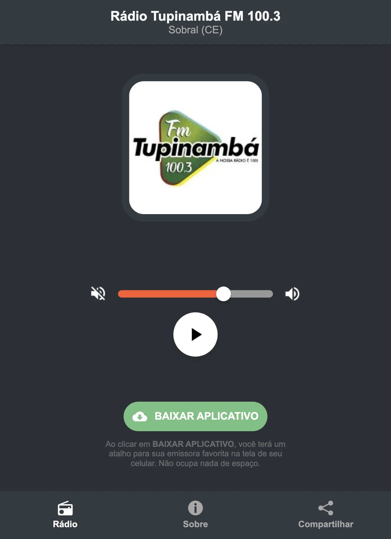 Screenshot do aplicativo da Rádio Tupinambá FM 100.3