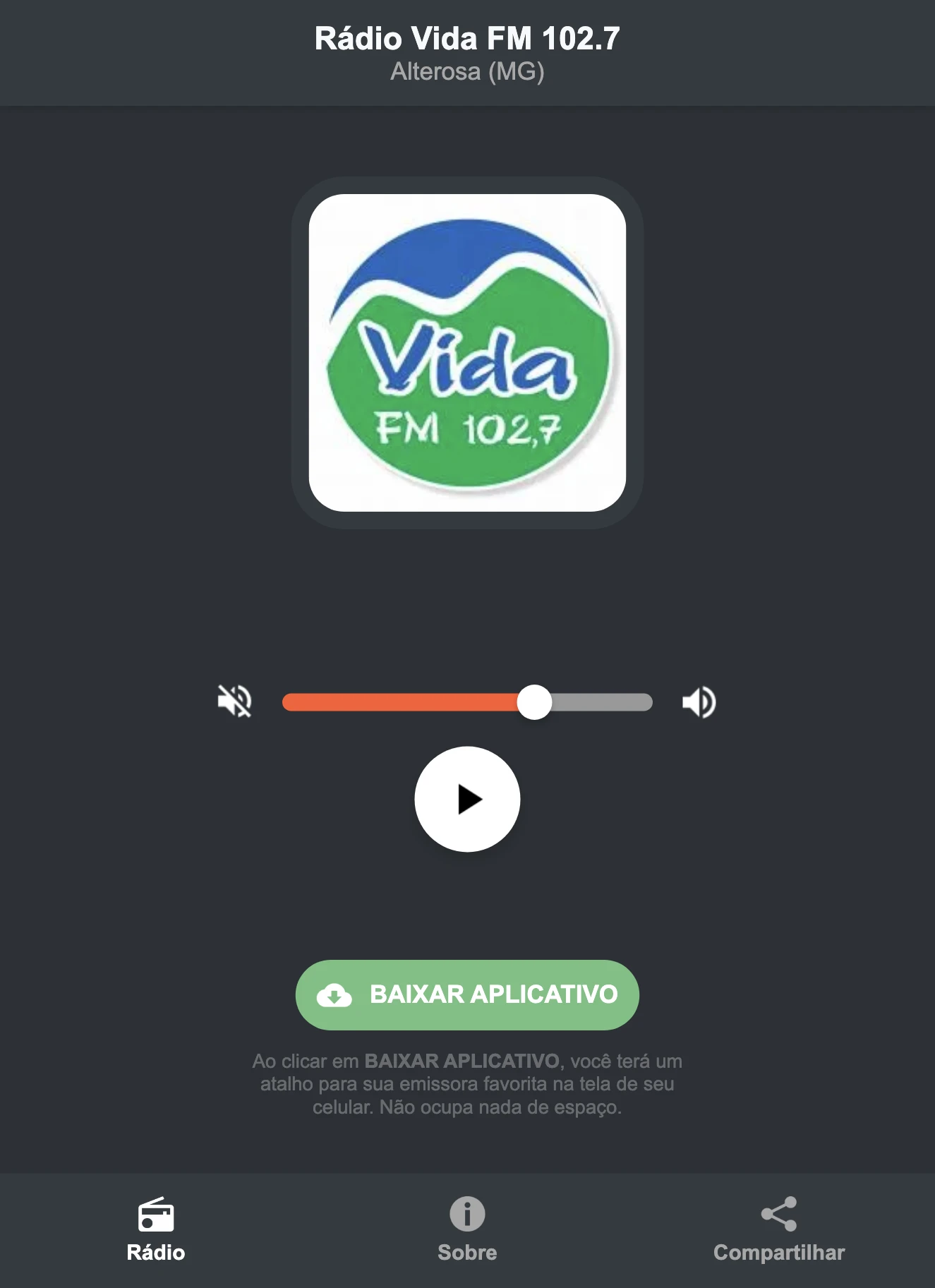 Screenshot do aplicativo da Rádio Vida FM 102.7