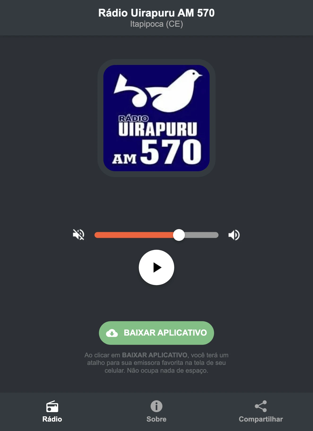 Screenshot do aplicativo da Rádio Uirapuru AM 570
