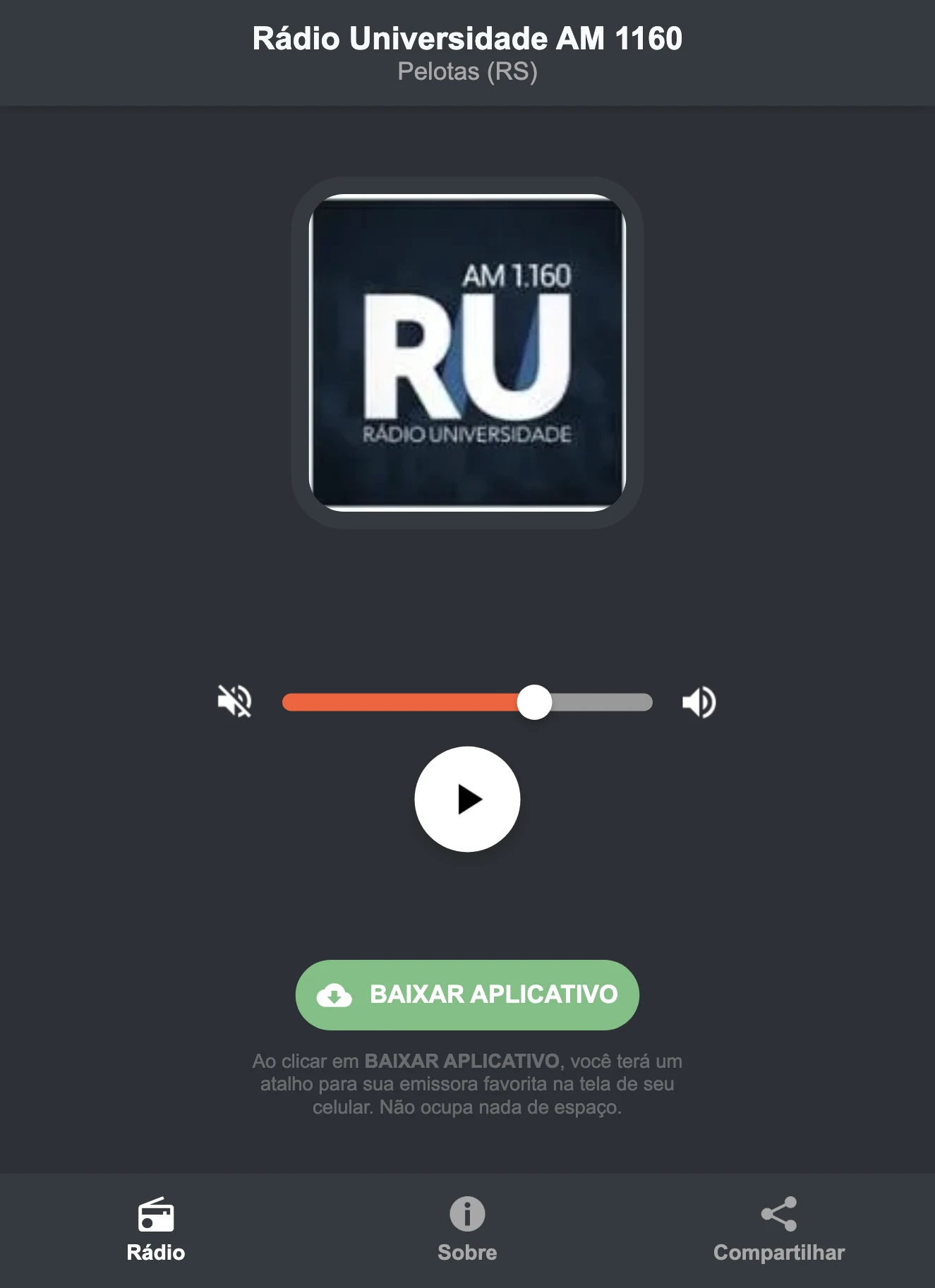 Screenshot do aplicativo da Rádio Universidade AM 1160
