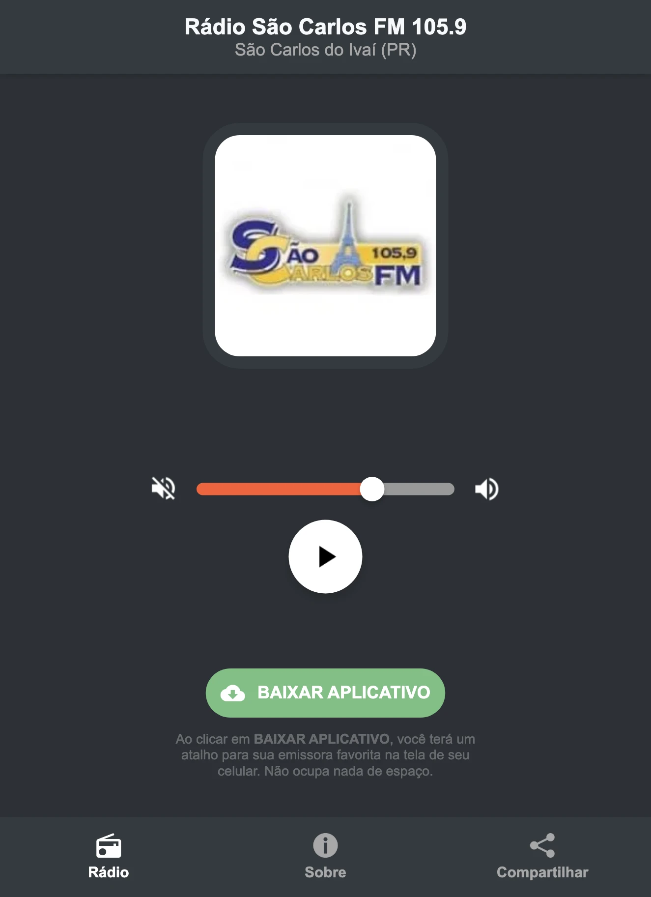 Screenshot do aplicativo da Rádio São Carlos FM 105.9