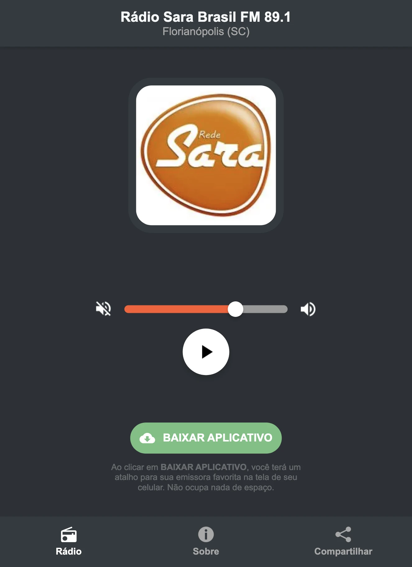 Screenshot do aplicativo da Rádio Sara Brasil FM 89.1