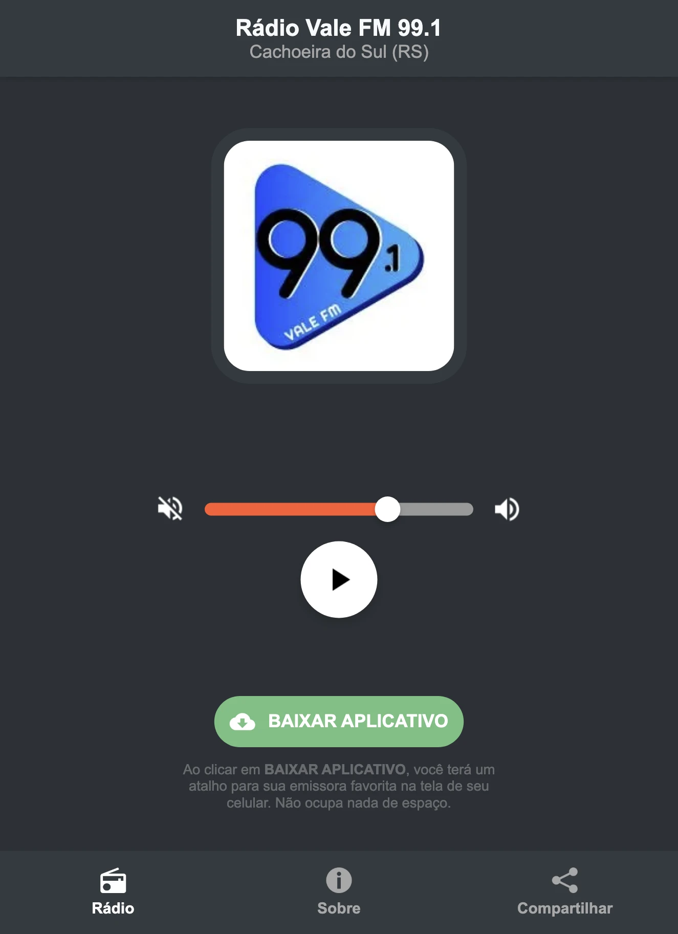 Screenshot do aplicativo da Rádio Vale FM 99.1