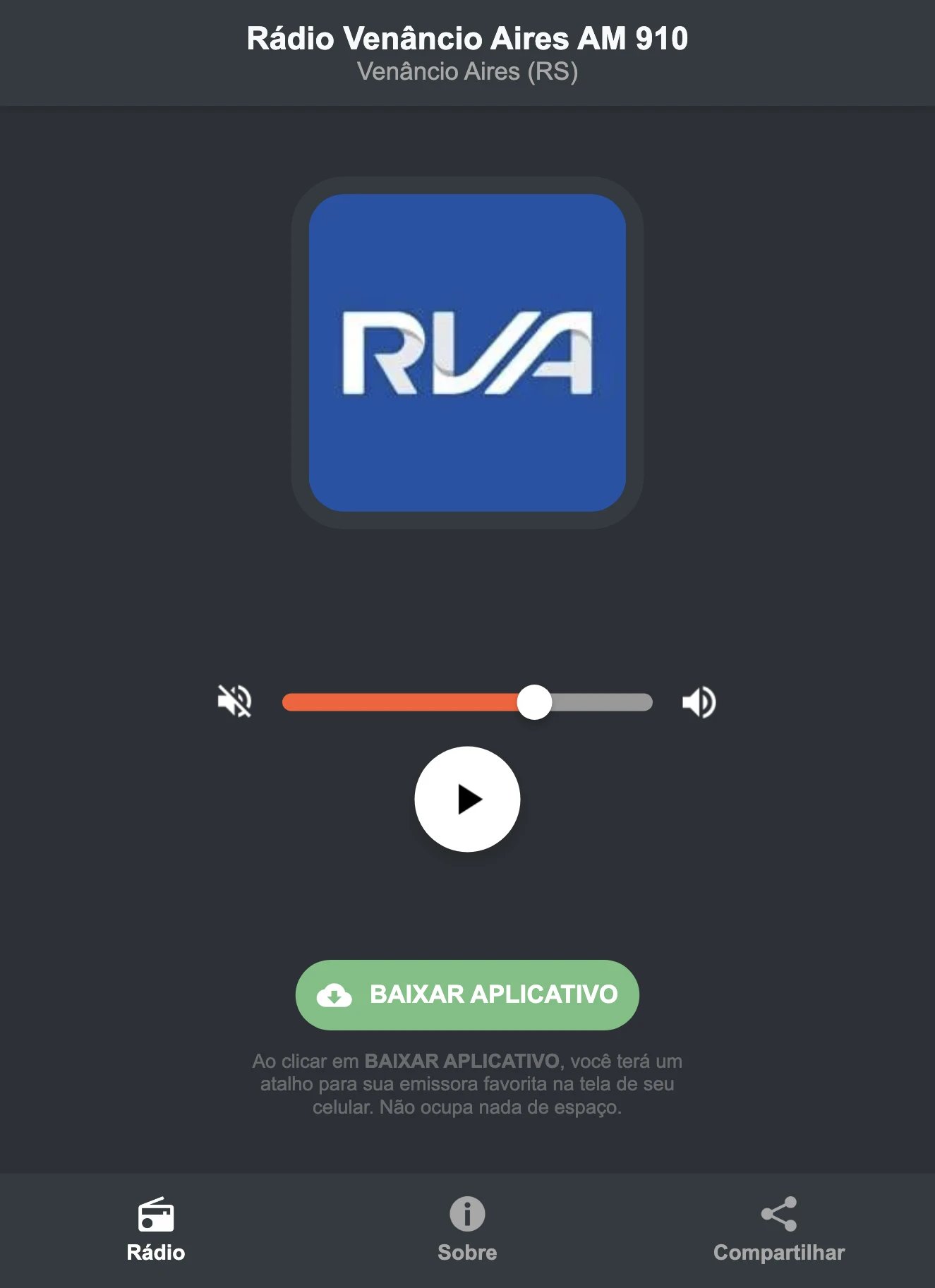 Screenshot do aplicativo da Rádio Venâncio Aires AM 910