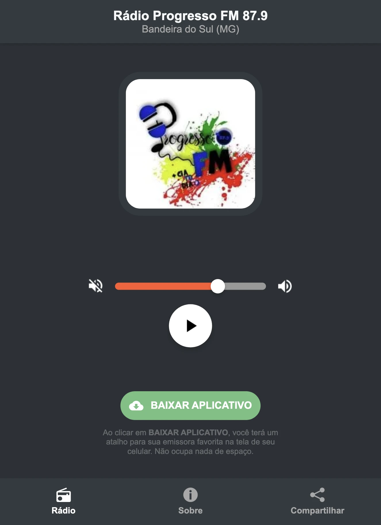 Screenshot do aplicativo da Rádio Progresso FM 87.9