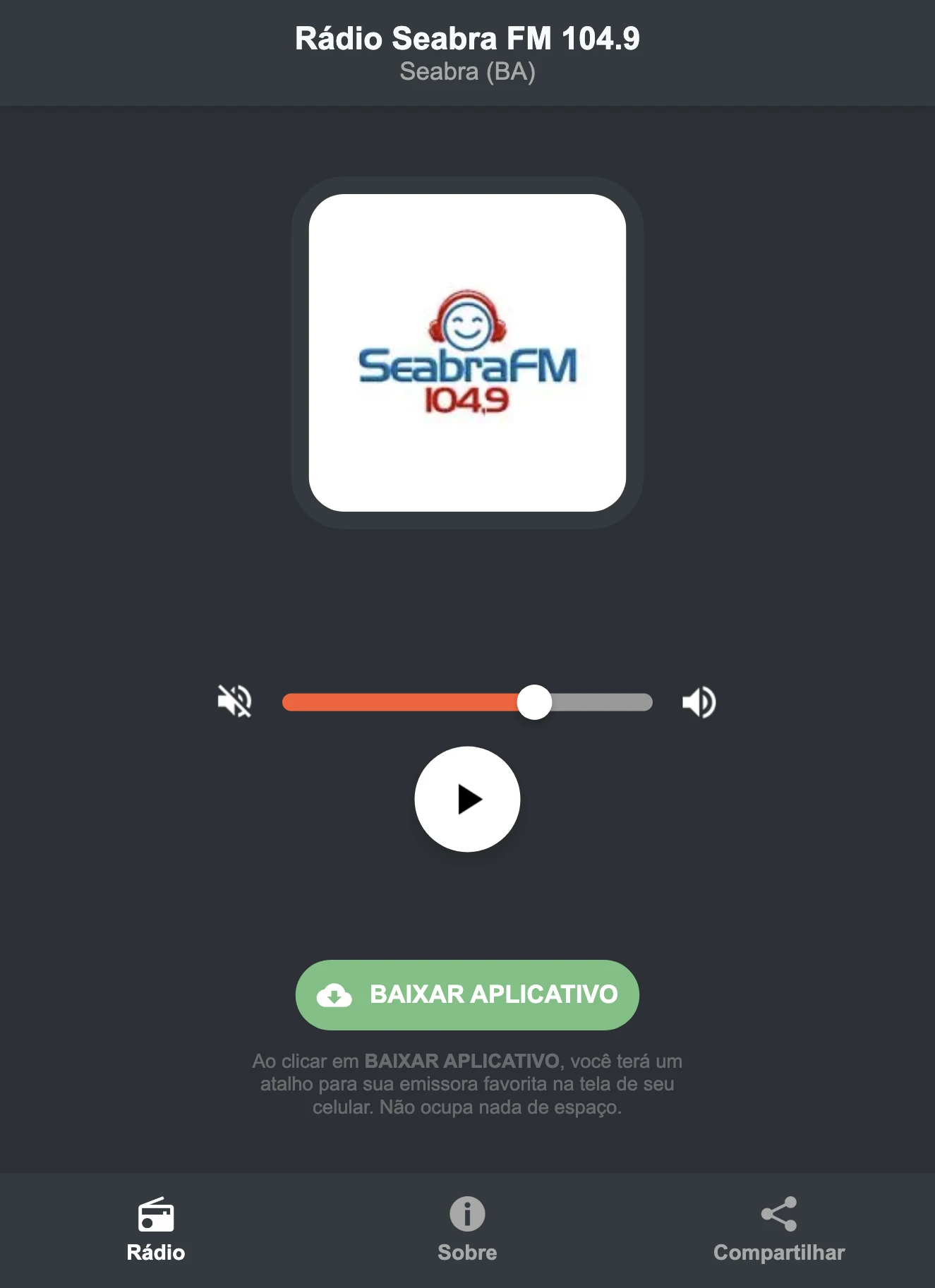 Screenshot do aplicativo da Rádio Seabra FM 104.9