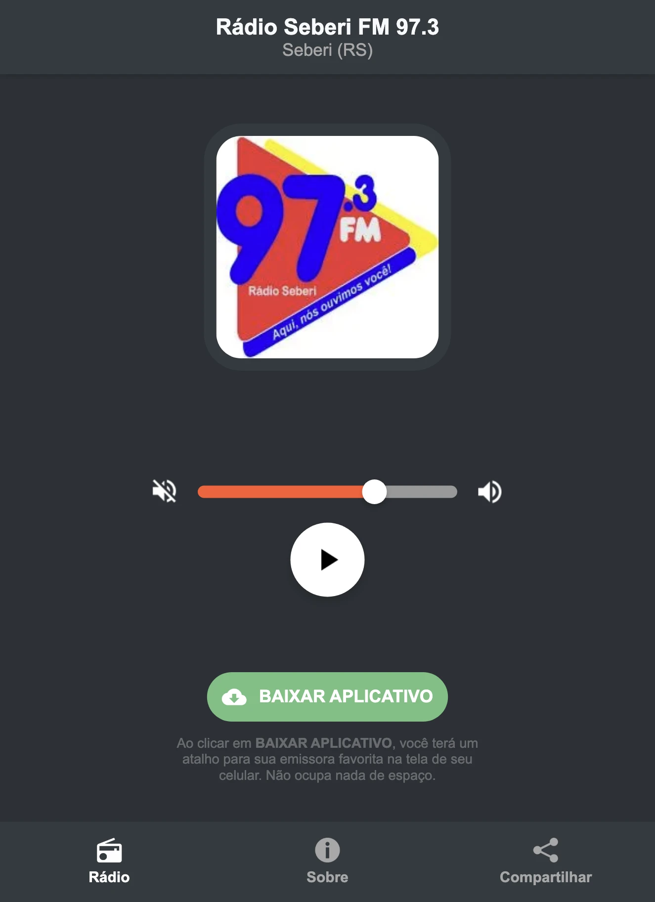 Screenshot do aplicativo da Rádio Seberi FM 97.3