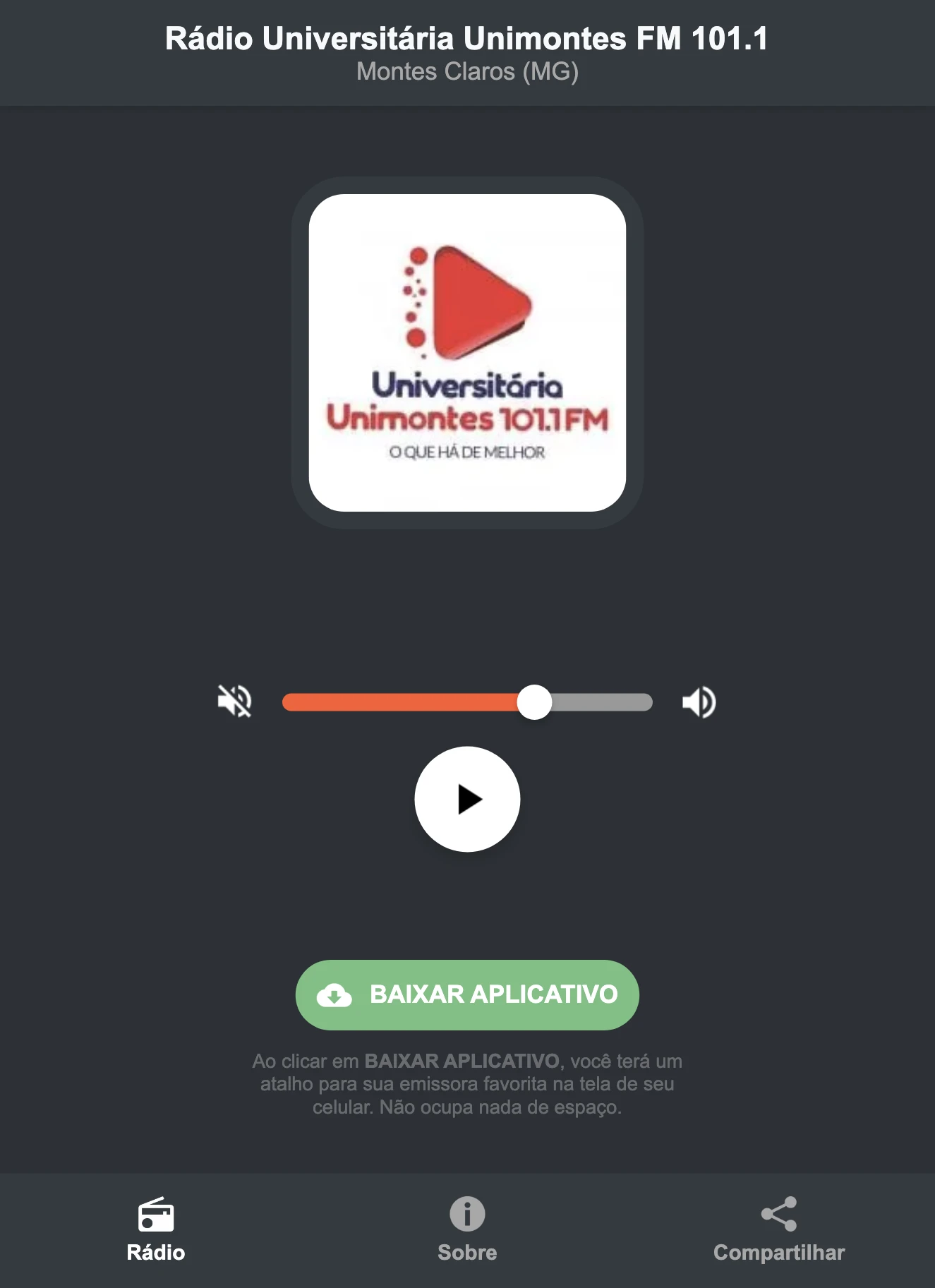 Screenshot do aplicativo da Rádio Universitária Unimontes FM 101.1