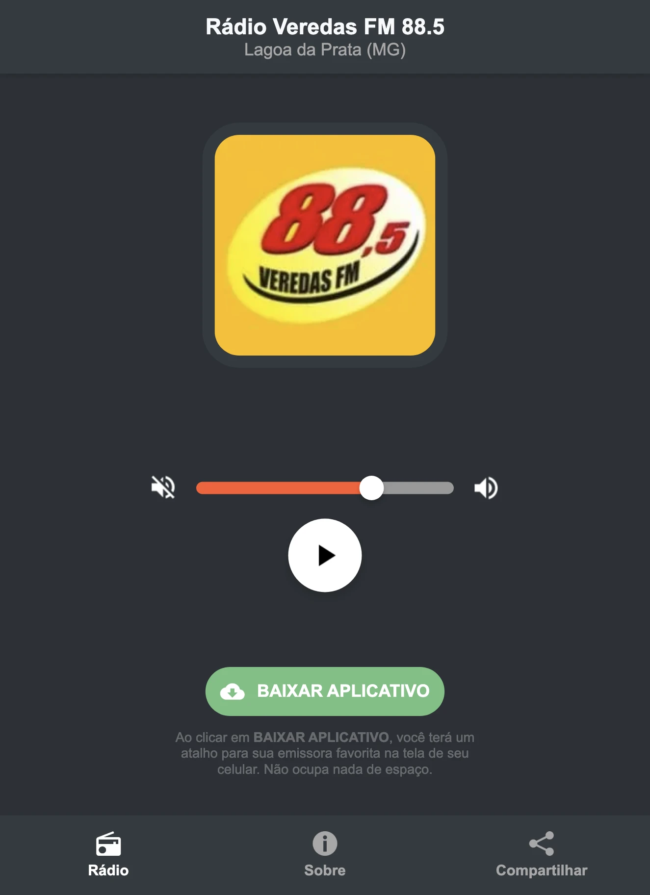 Screenshot do aplicativo da Rádio Veredas FM 88.5