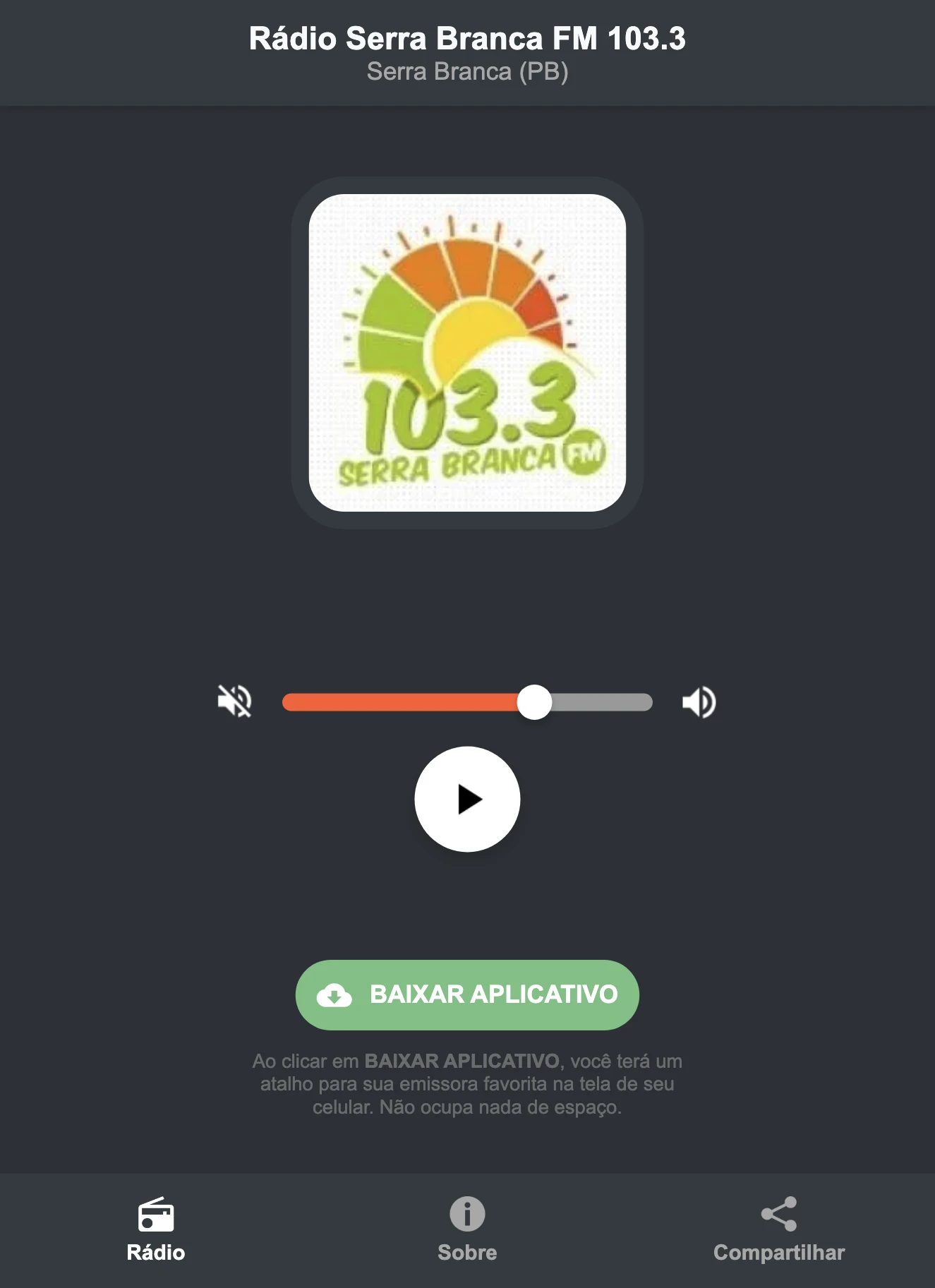 Screenshot do aplicativo da Rádio Serra Branca FM 103.3