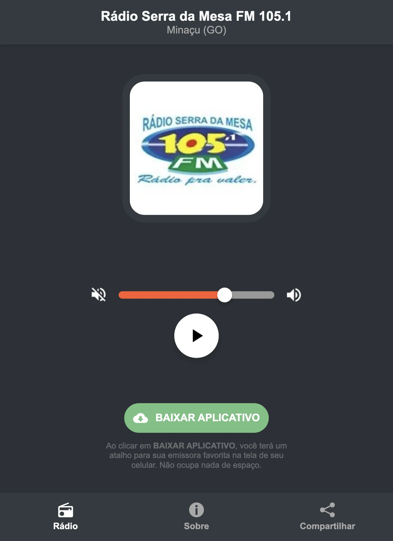 Screenshot do aplicativo da Rádio Serra da Mesa FM 105.1