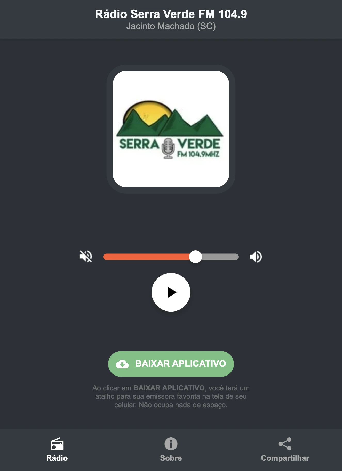 Screenshot do aplicativo da Rádio Serra Verde FM 104.9