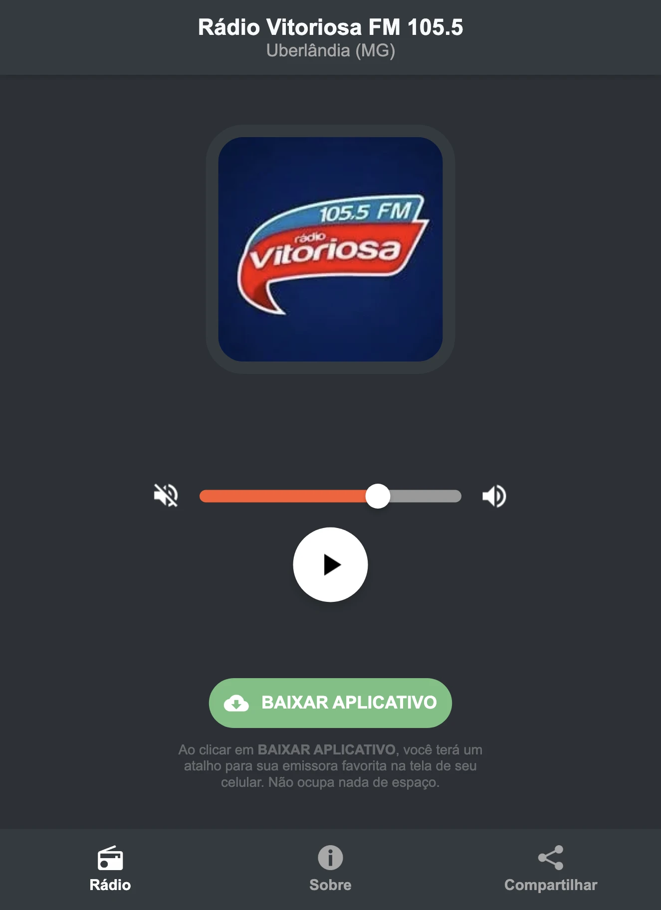 Screenshot do aplicativo da Rádio Vitoriosa FM 105.5