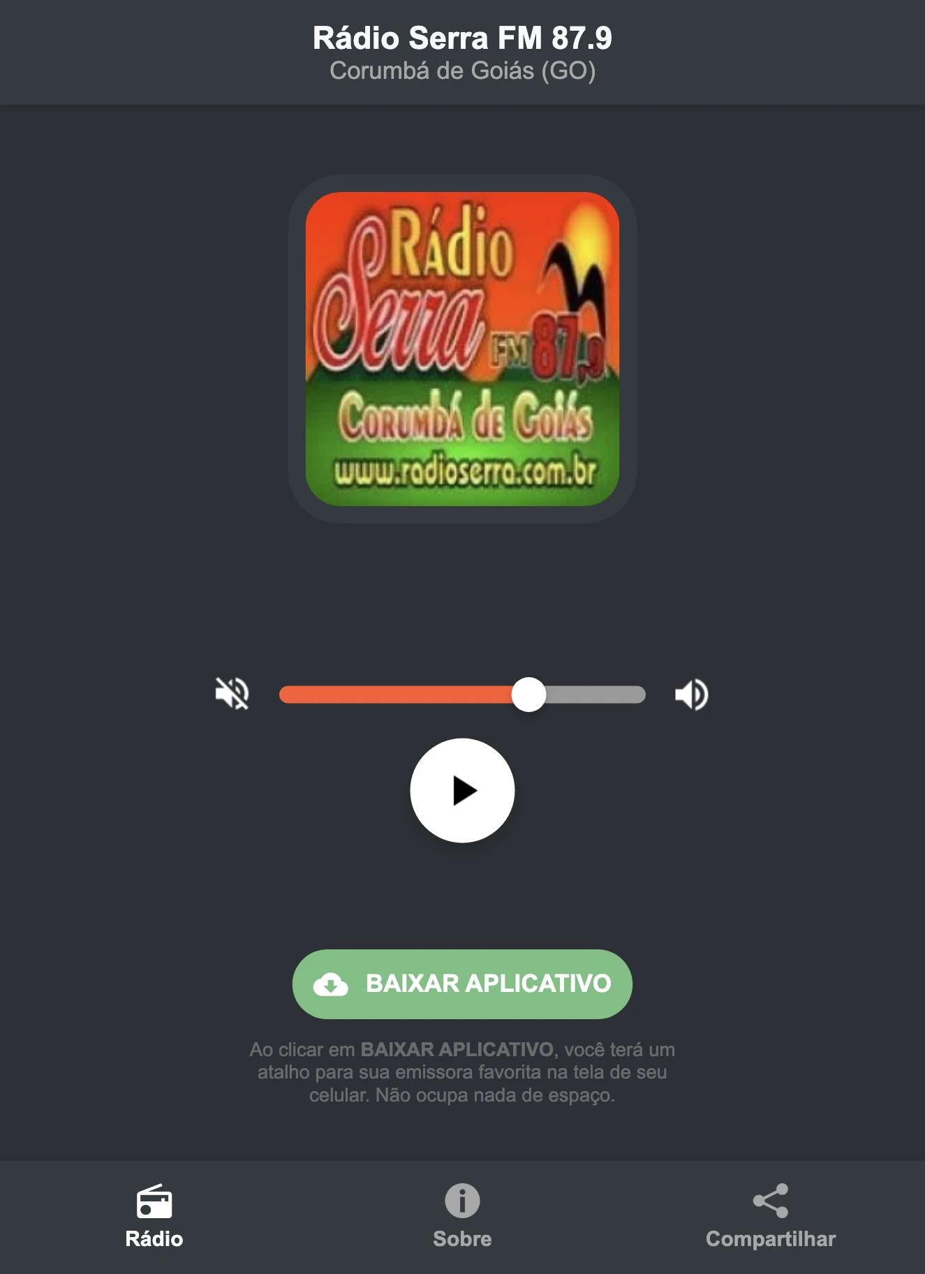 Screenshot do aplicativo da Rádio Serra FM 87.9