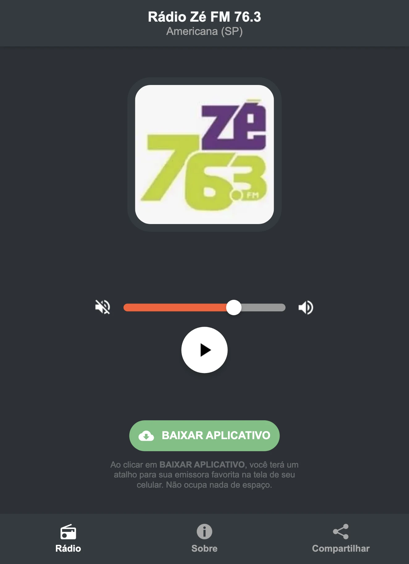 Screenshot do aplicativo da Rádio Zé FM 76.3