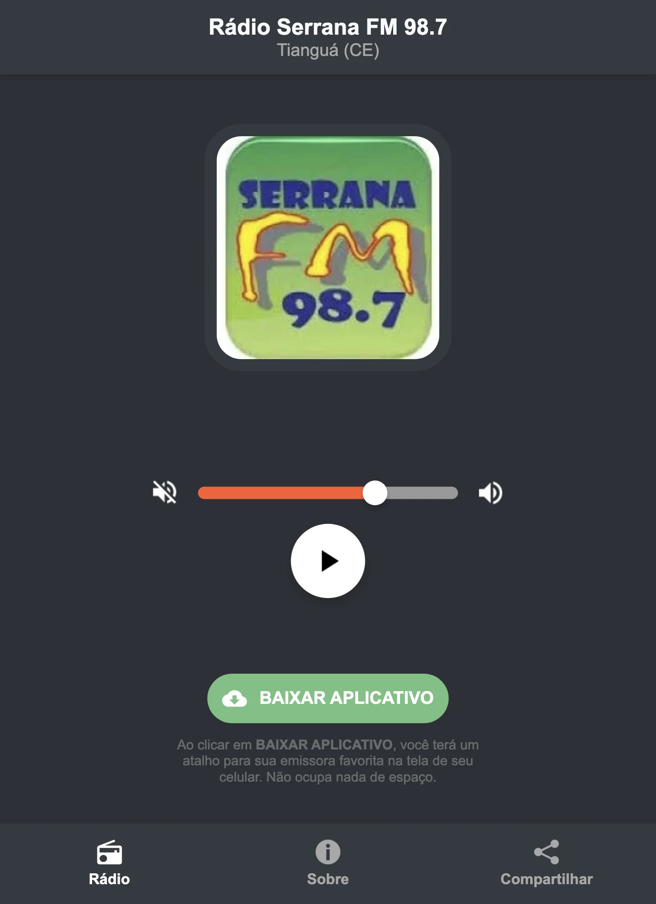Screenshot do aplicativo da Rádio Serrana FM 98.7