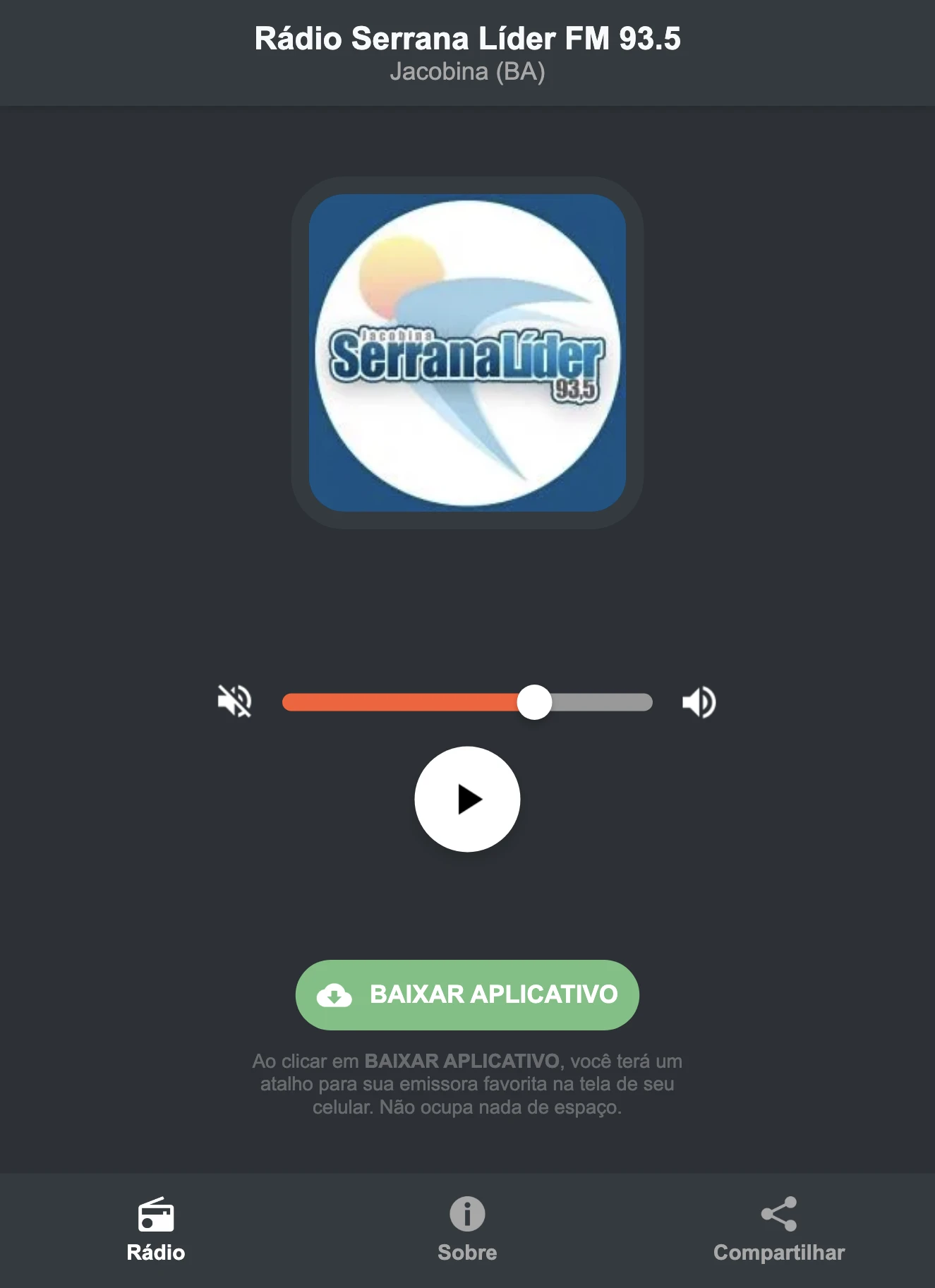 Screenshot do aplicativo da Rádio Serrana Líder FM 93.5