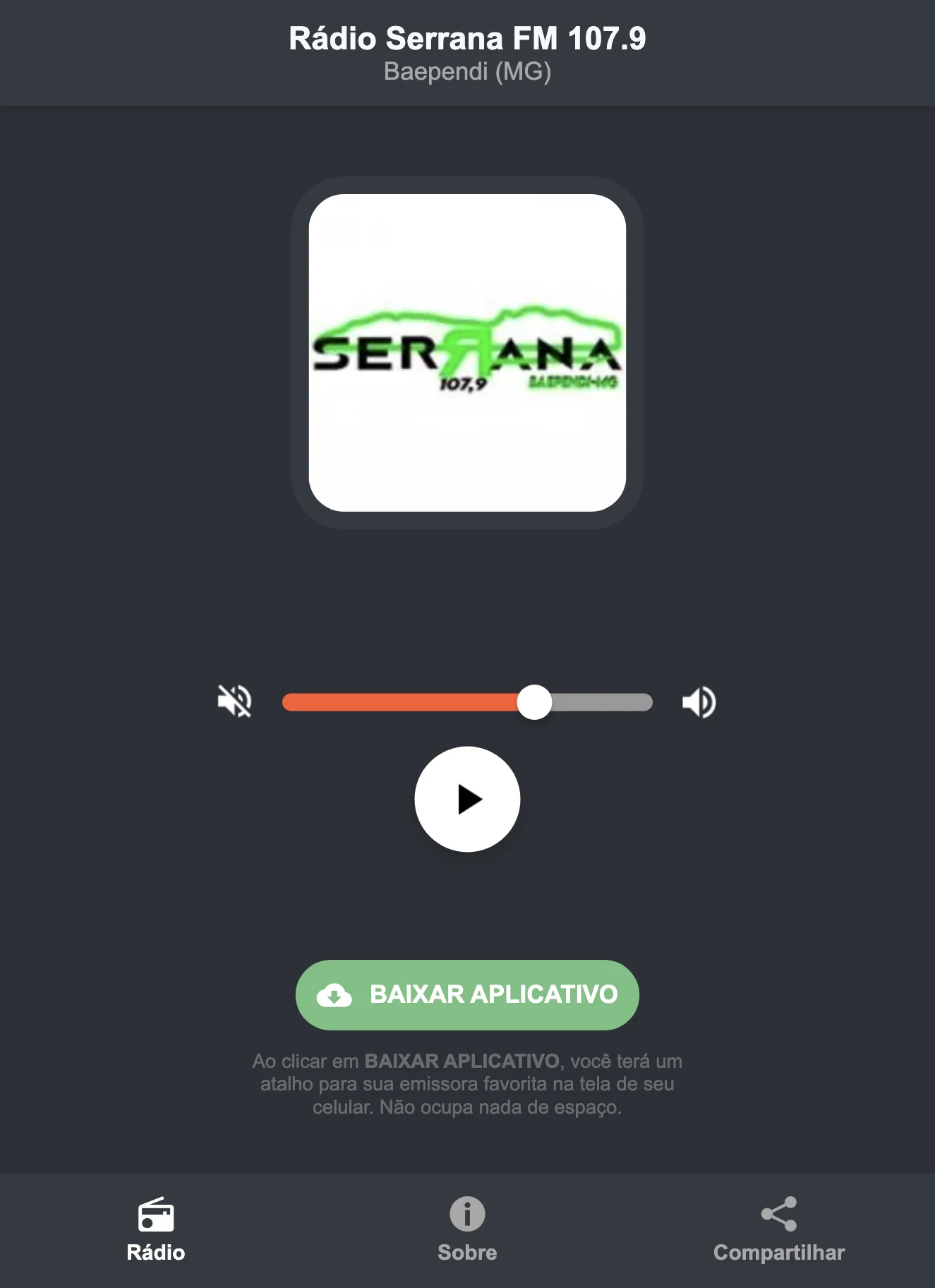 Screenshot do aplicativo da Rádio Serrana FM 107.9