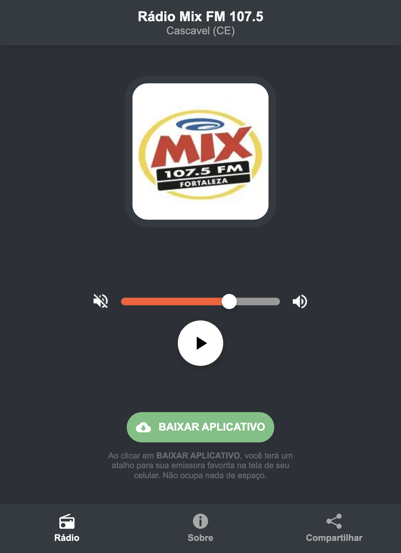 Screenshot do aplicativo da Rádio Mix FM 107.5