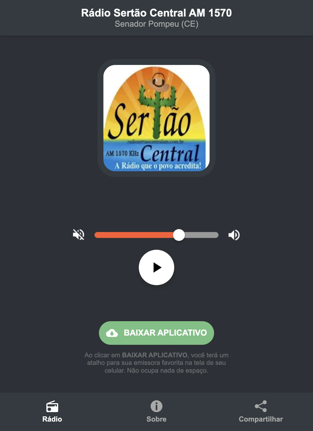 Screenshot do aplicativo da Rádio Sertão Central AM 1570