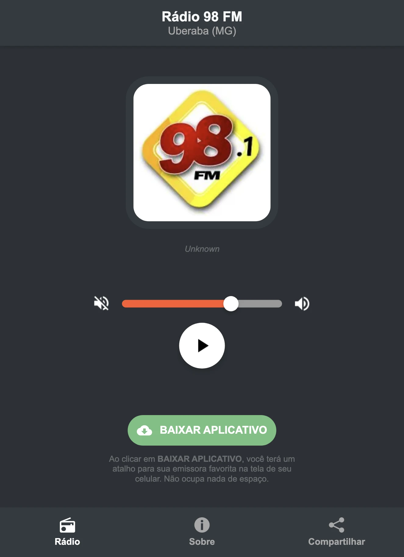 Screenshot do aplicativo da Rádio 98 FM
