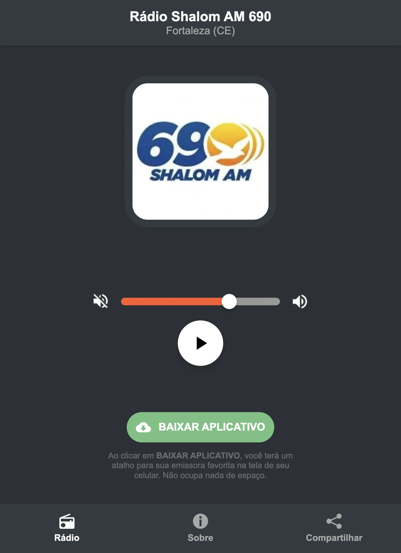 Screenshot do aplicativo da Rádio Shalom AM 690
