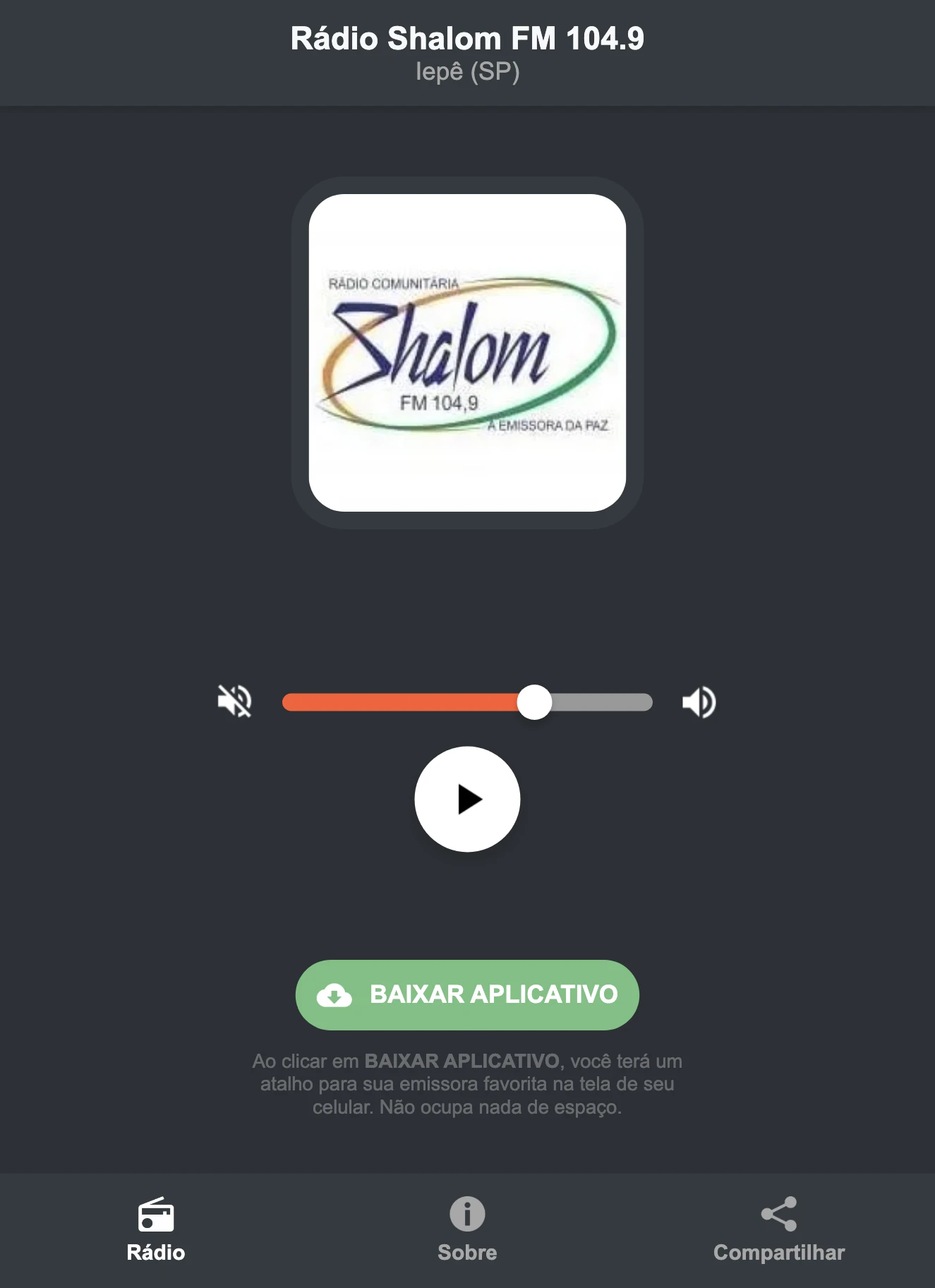 Screenshot do aplicativo da Rádio Shalom FM 104.9