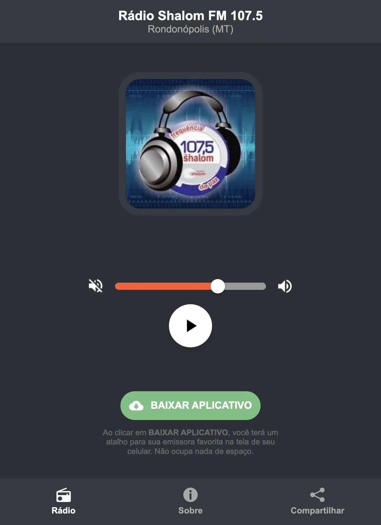 Screenshot do aplicativo da Rádio Shalom FM 107.5
