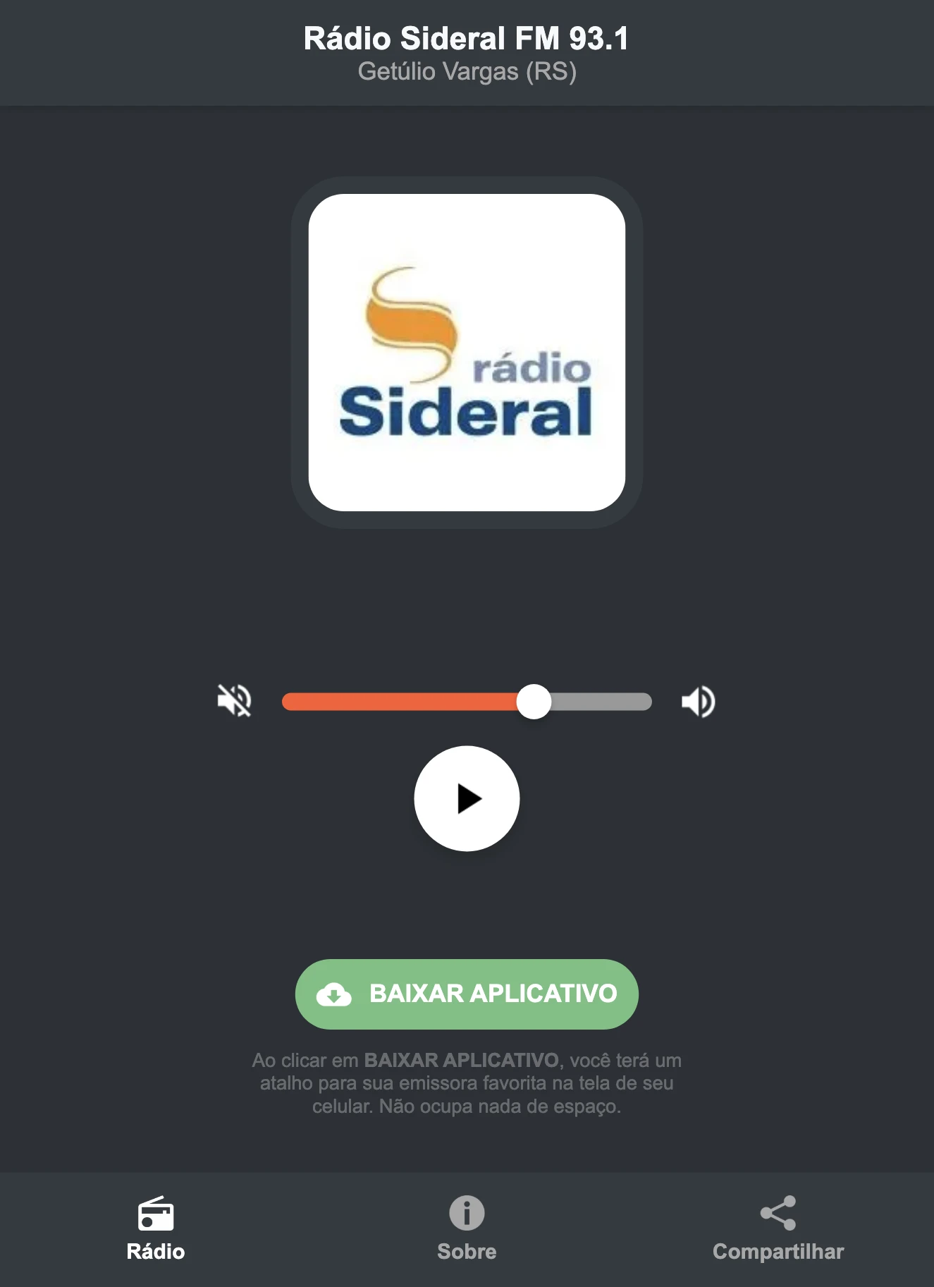 Screenshot do aplicativo da Rádio Sideral FM 93.1