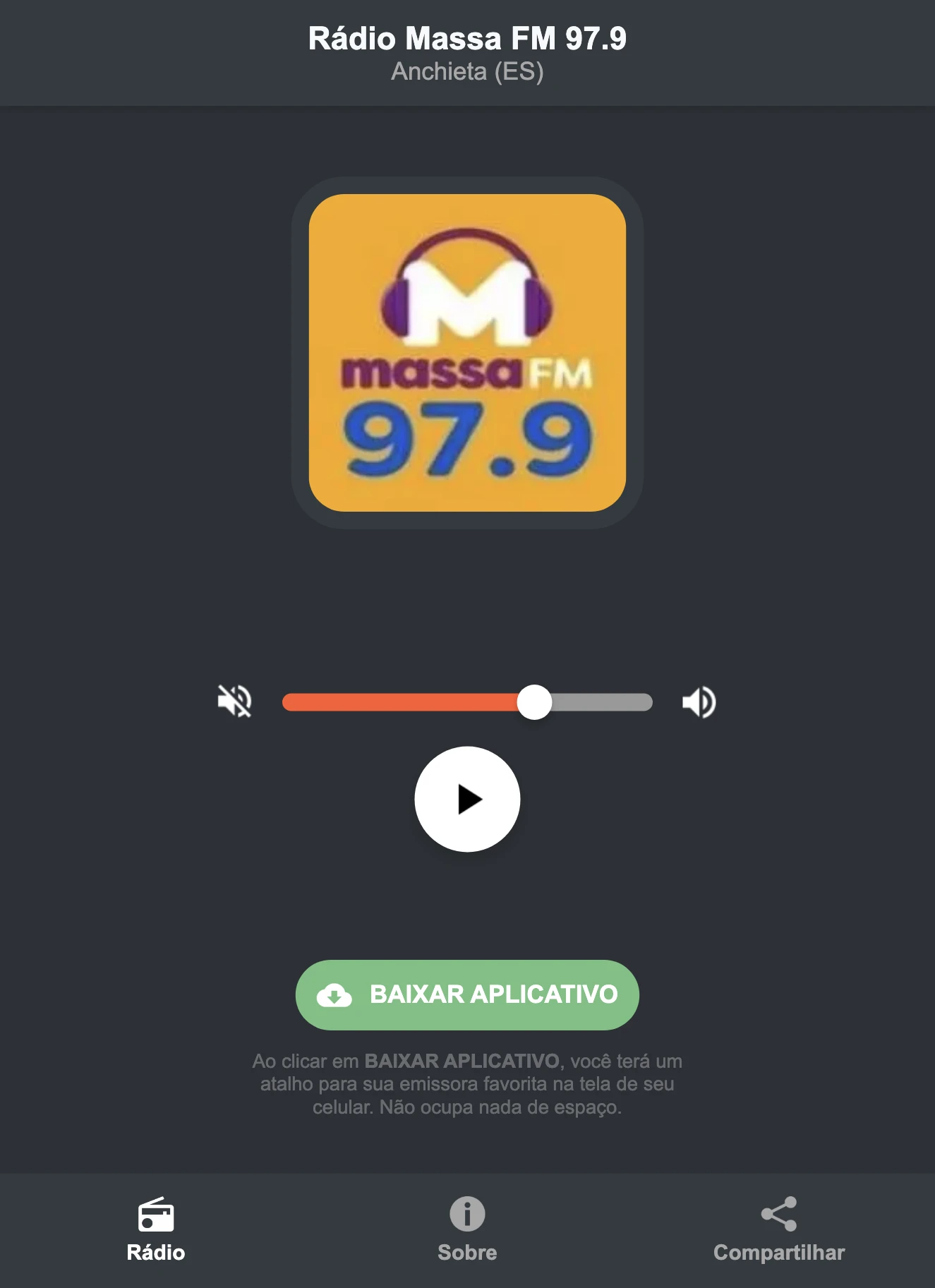 Screenshot do aplicativo da Rádio Massa FM 97.9