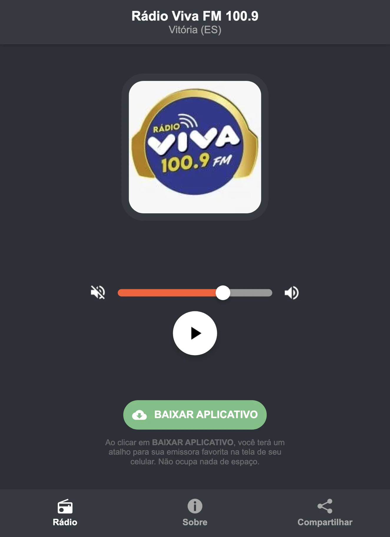 Screenshot do aplicativo da Rádio Viva FM 100.9