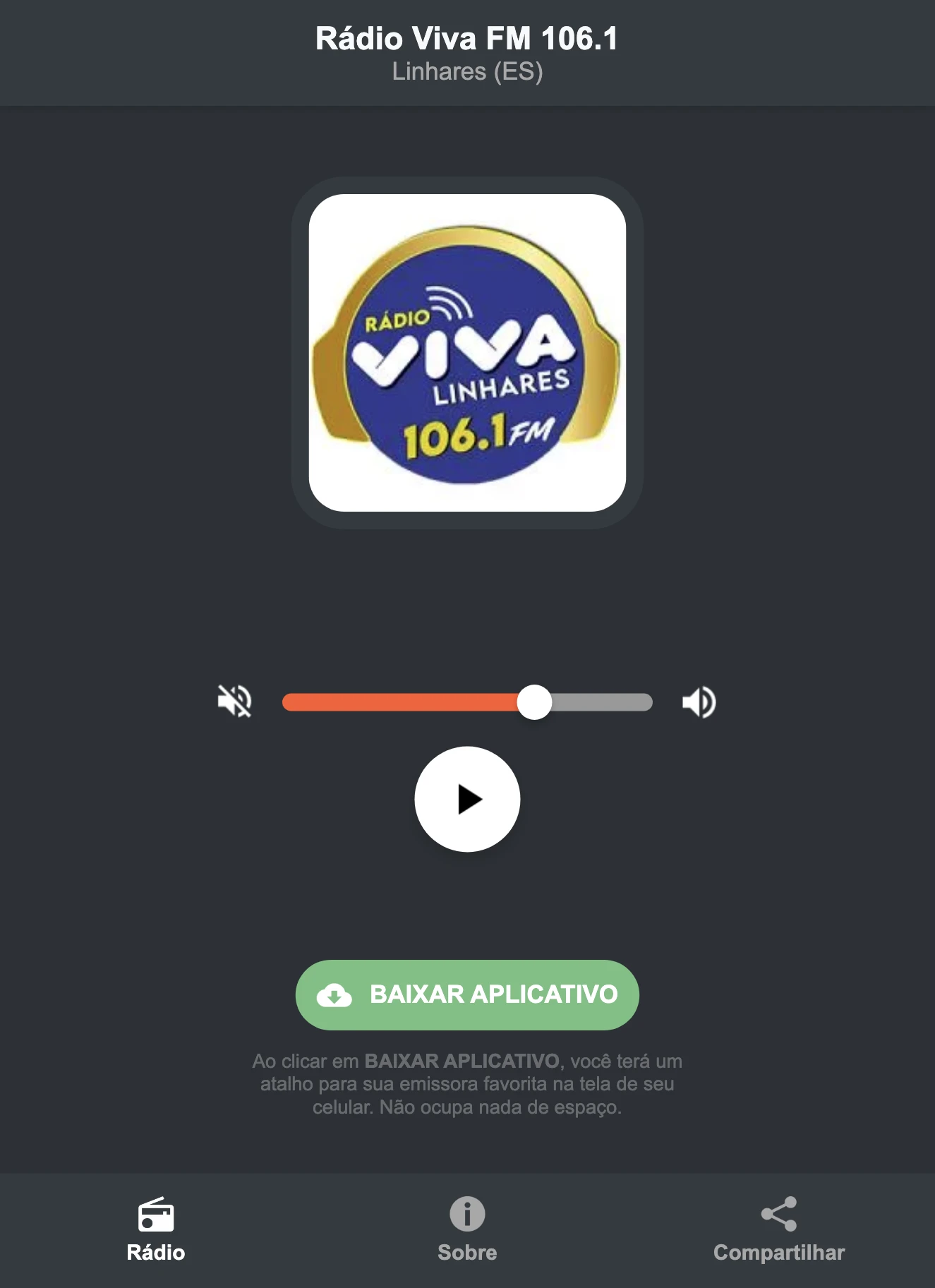 Screenshot do aplicativo da Rádio Viva FM 106.1