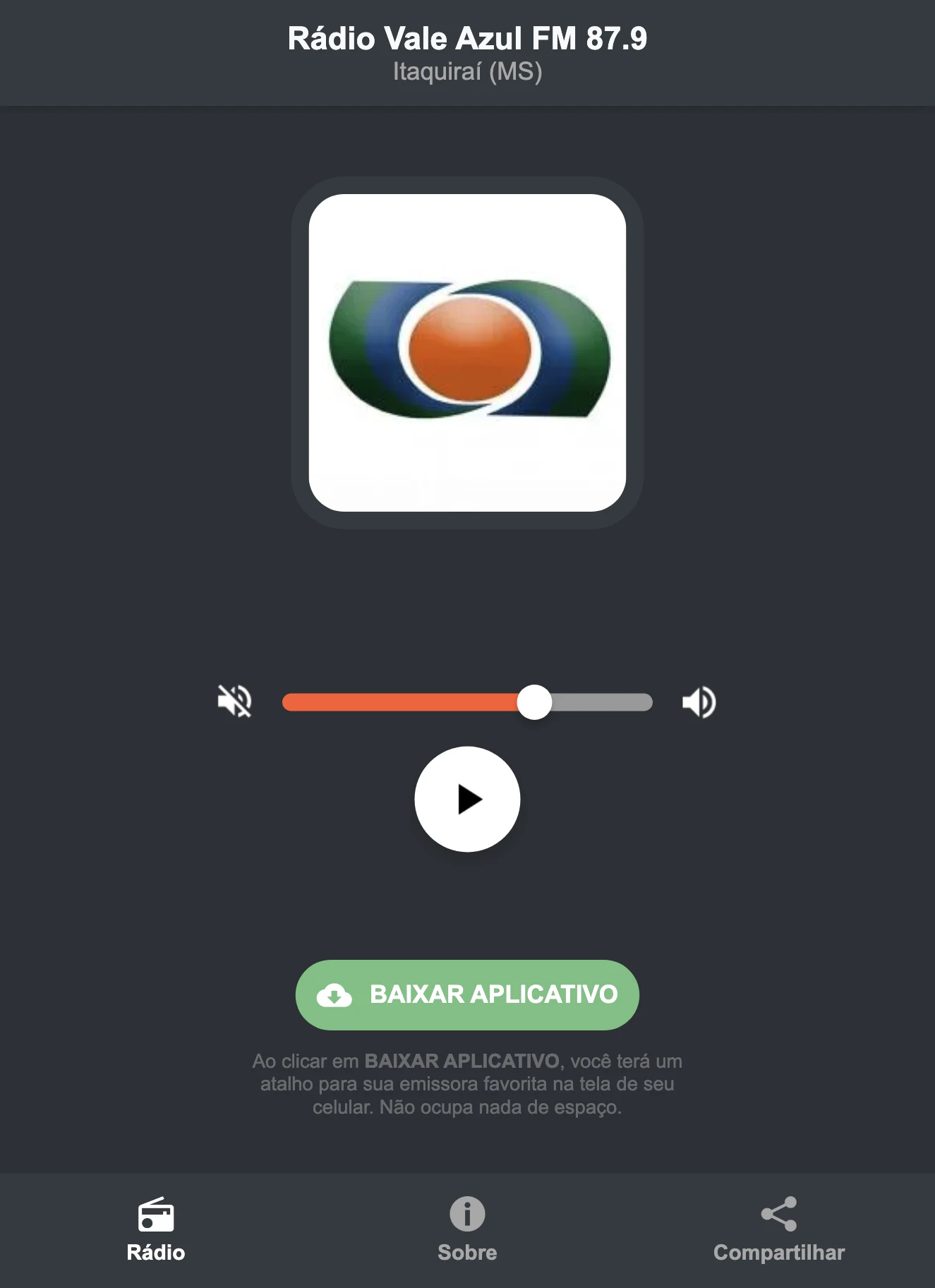 Screenshot do aplicativo da Rádio Vale Azul FM 87.9
