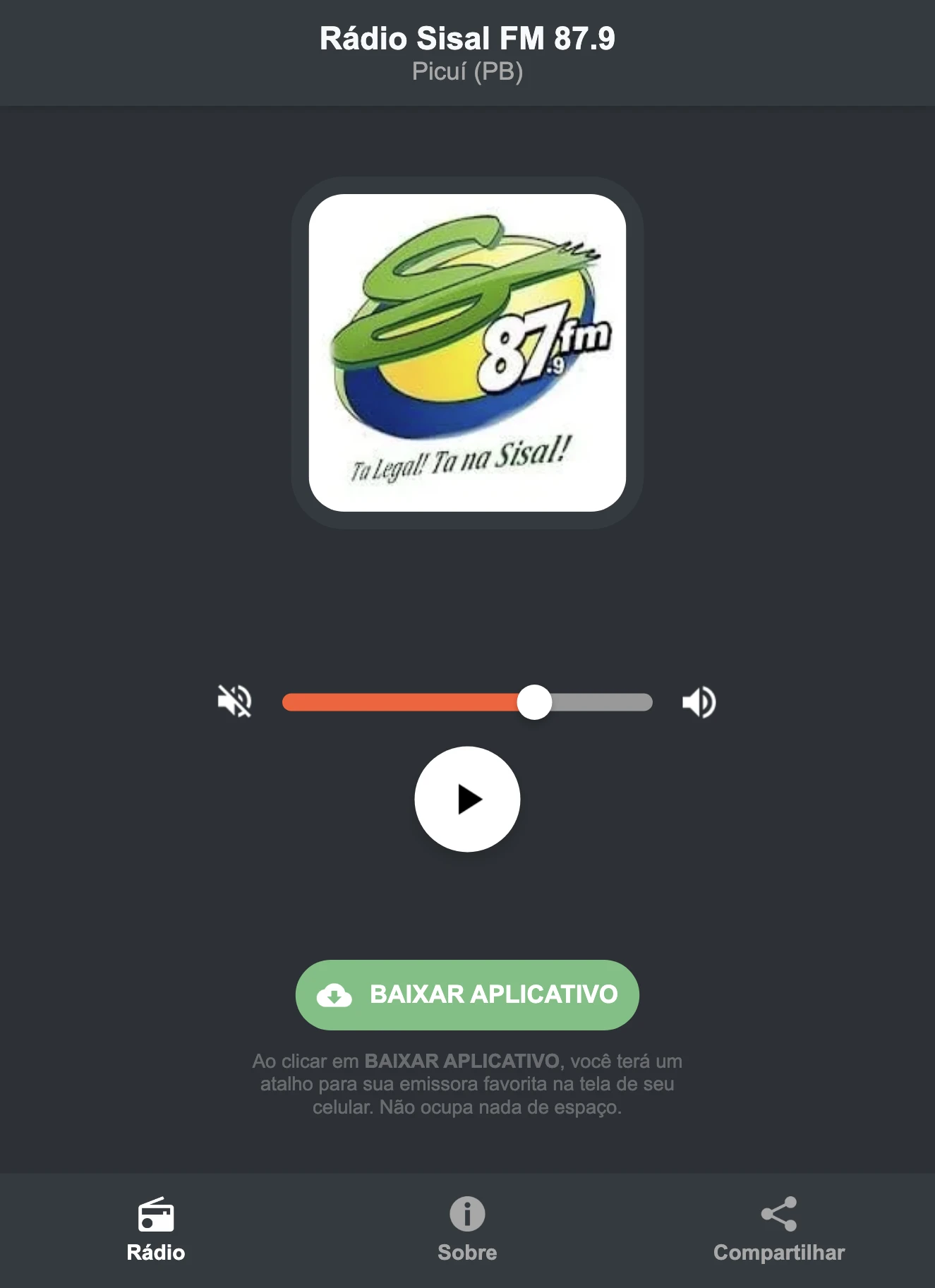 Screenshot do aplicativo da Rádio Sisal FM 87.9