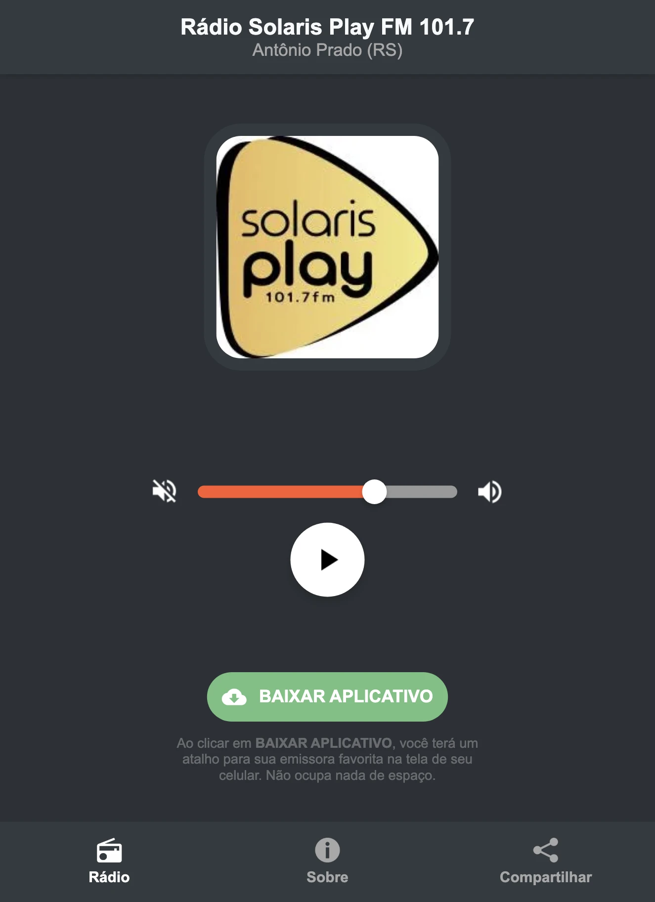 Screenshot do aplicativo da Rádio Solaris Play FM 101.7