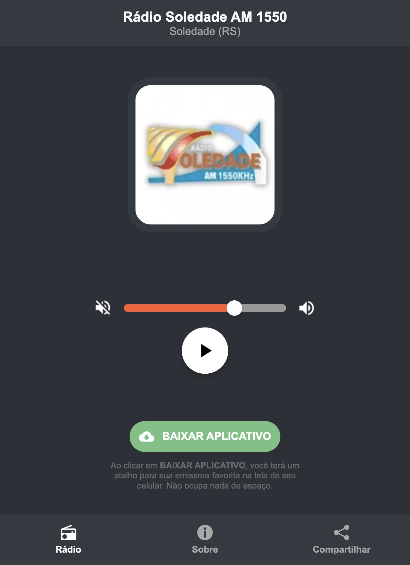 Screenshot do aplicativo da Rádio Soledade AM 1550