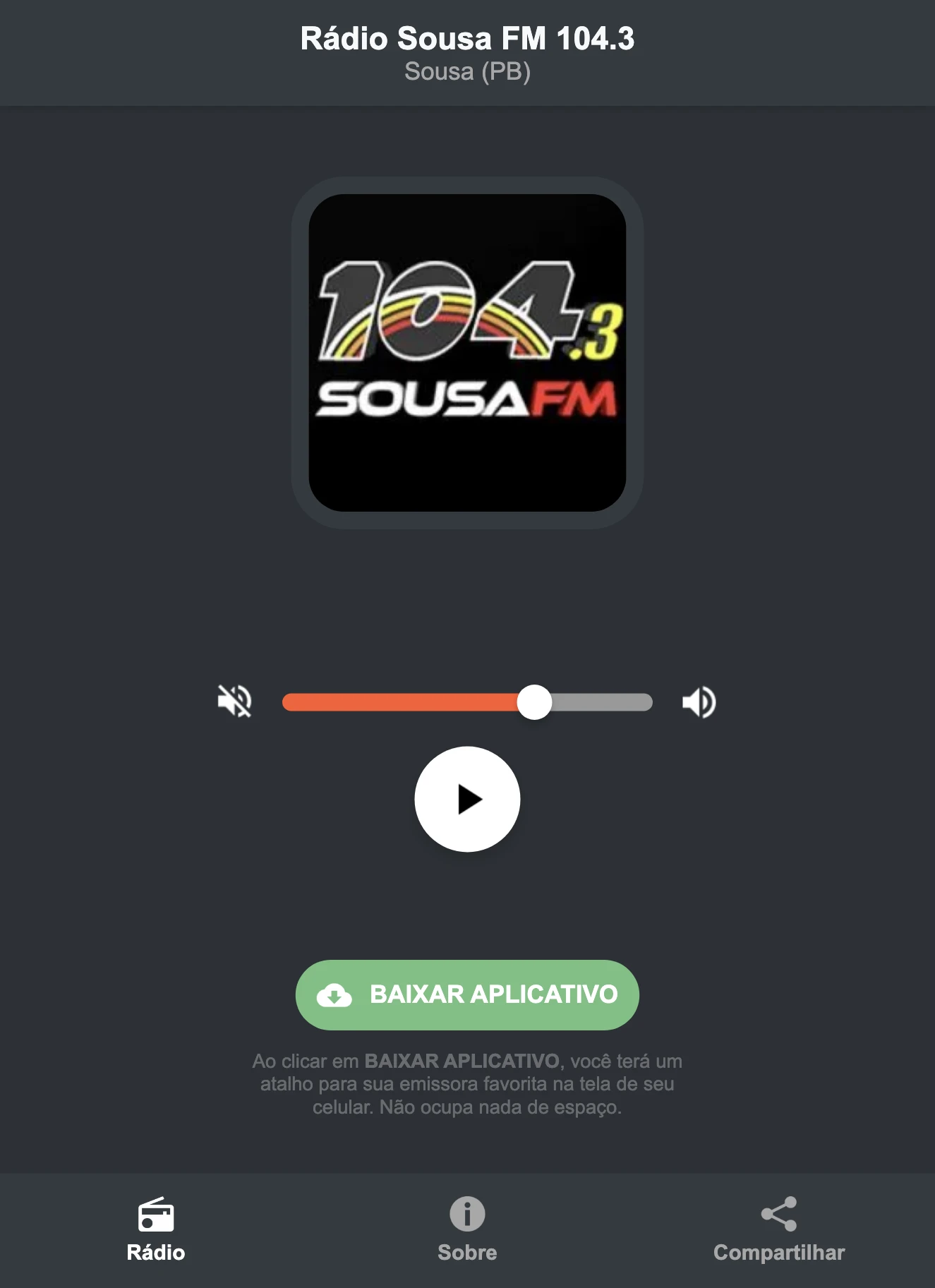 Screenshot do aplicativo da Rádio Sousa FM 104.3