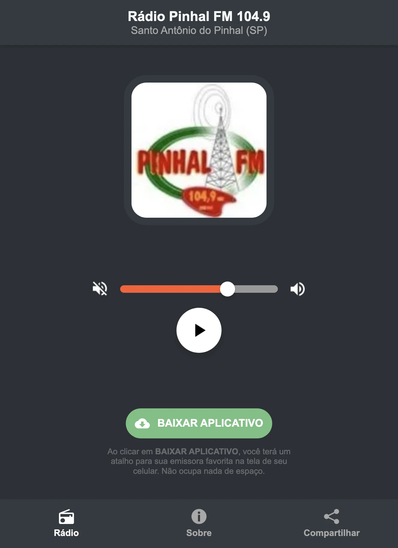 Screenshot do aplicativo da Rádio Pinhal FM 104.9