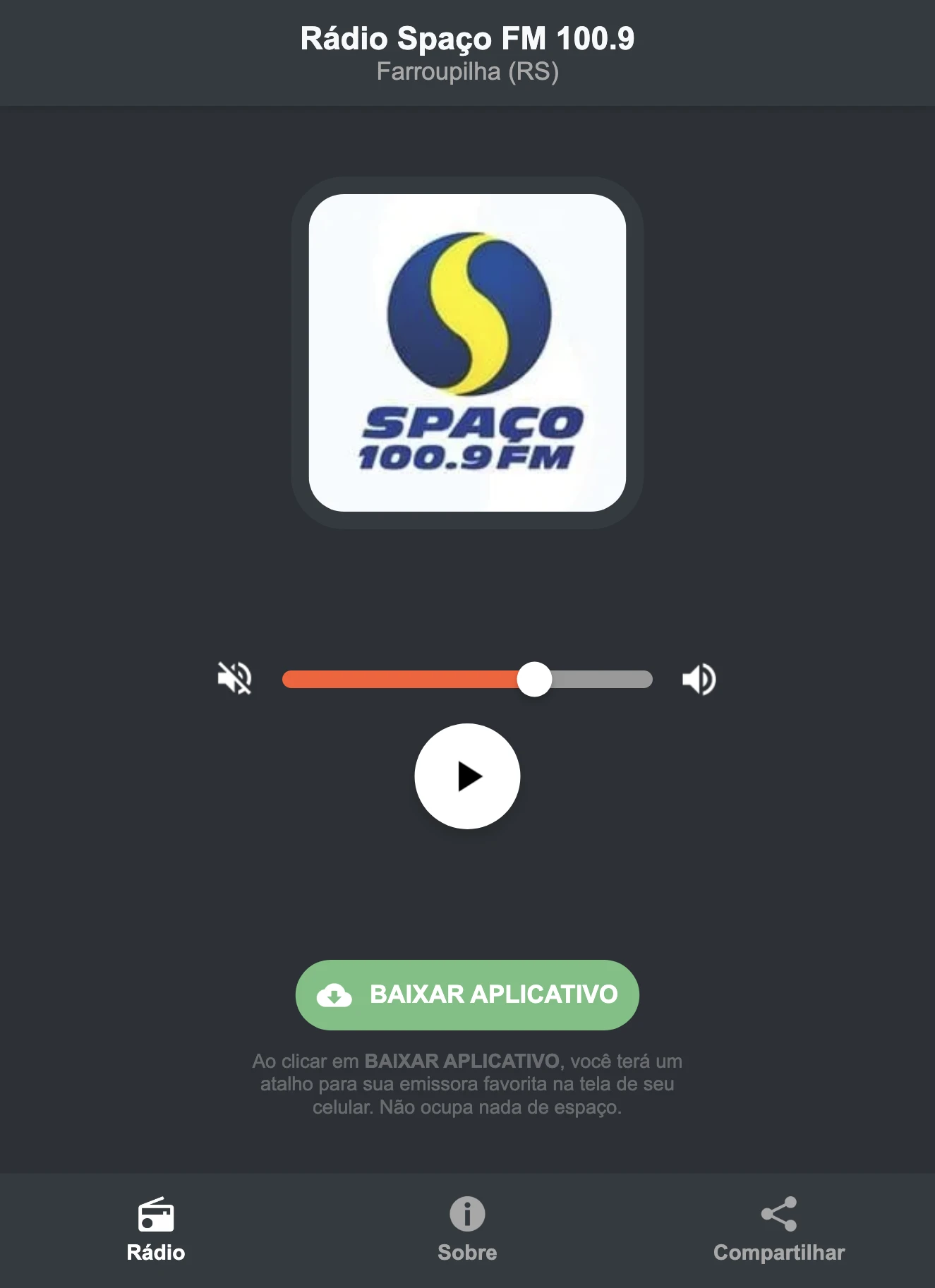 Screenshot do aplicativo da Rádio Spaço FM 100.9