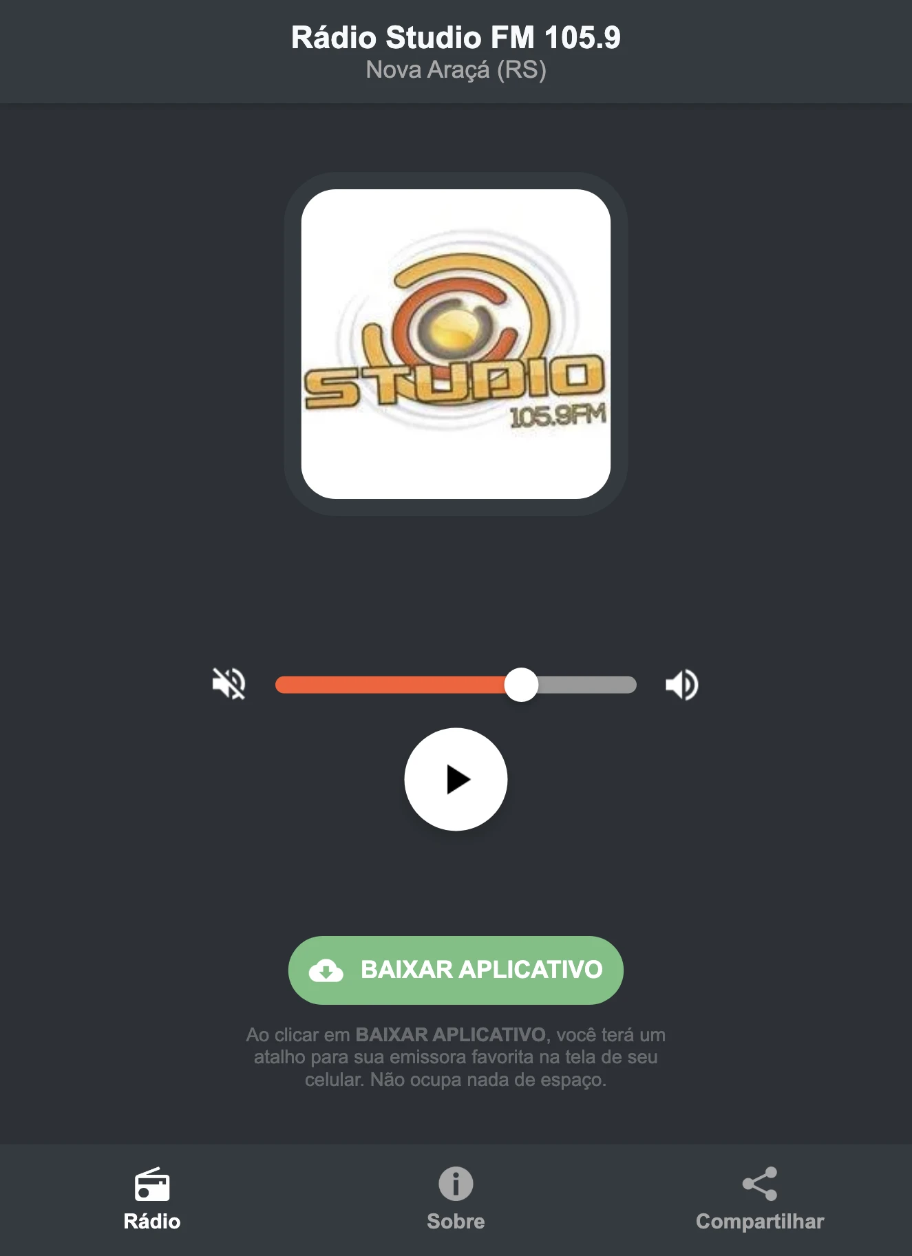 Screenshot do aplicativo da Rádio Studio FM 105.9