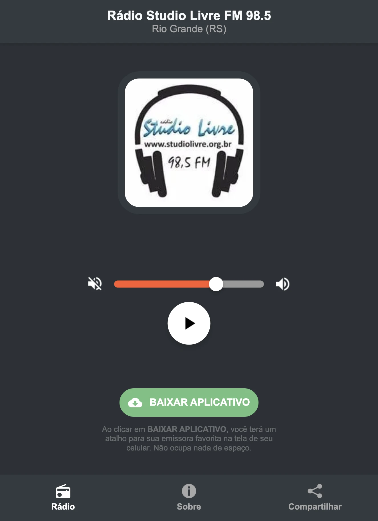 Screenshot do aplicativo da Rádio Studio Livre FM 98.5