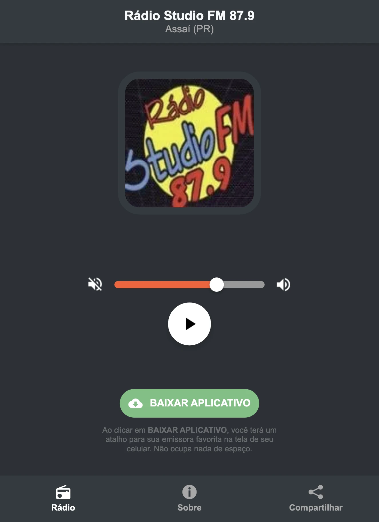 Screenshot do aplicativo da Rádio Studio FM 87.9