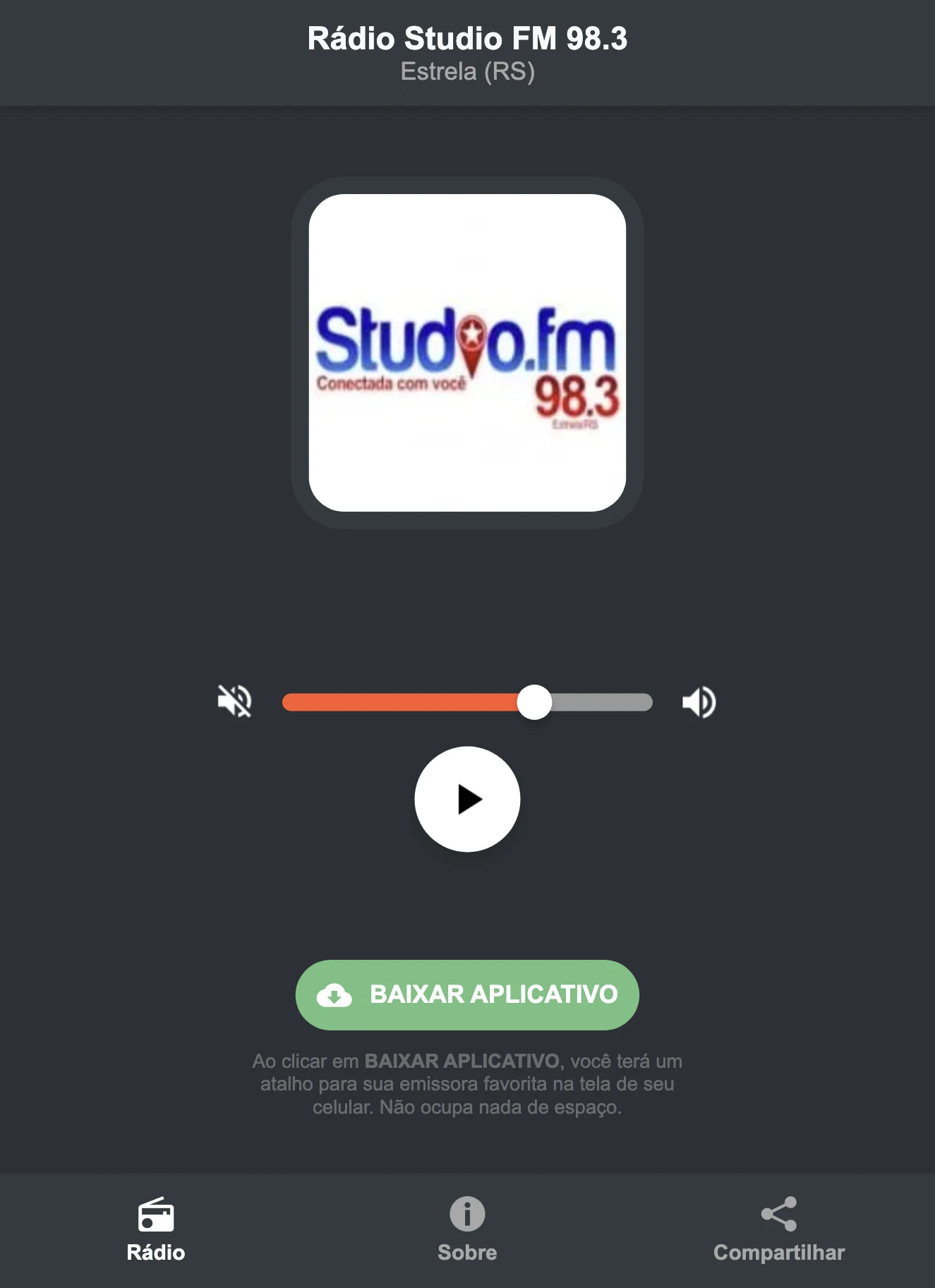 Screenshot do aplicativo da Rádio Studio FM 98.3