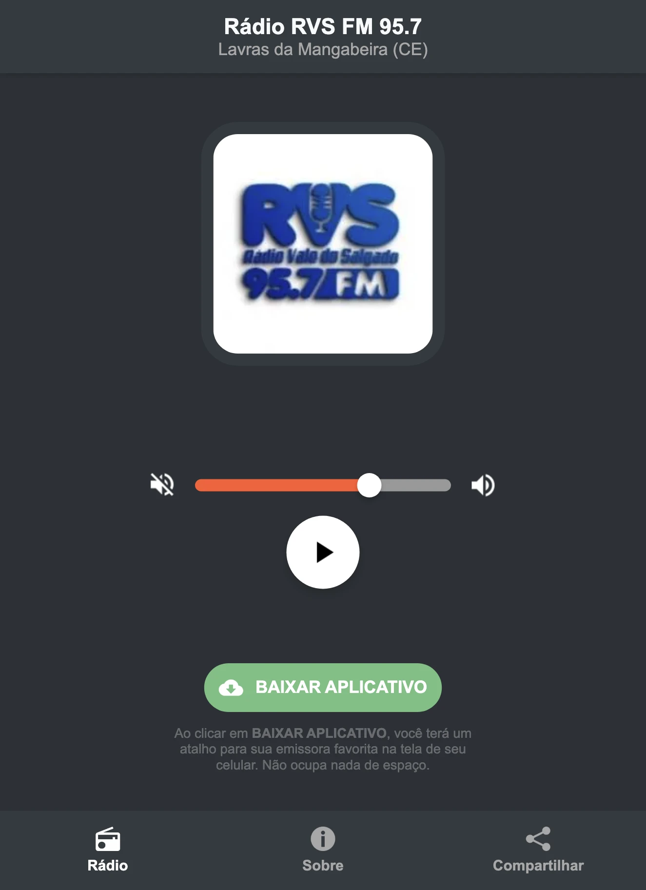 Screenshot do aplicativo da Rádio RVS FM 95.7