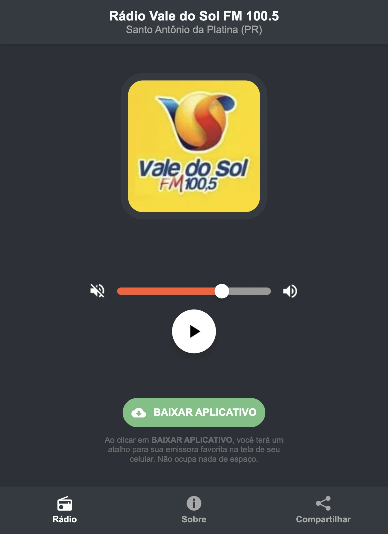 Screenshot do aplicativo da Rádio Vale do Sol FM 100.5