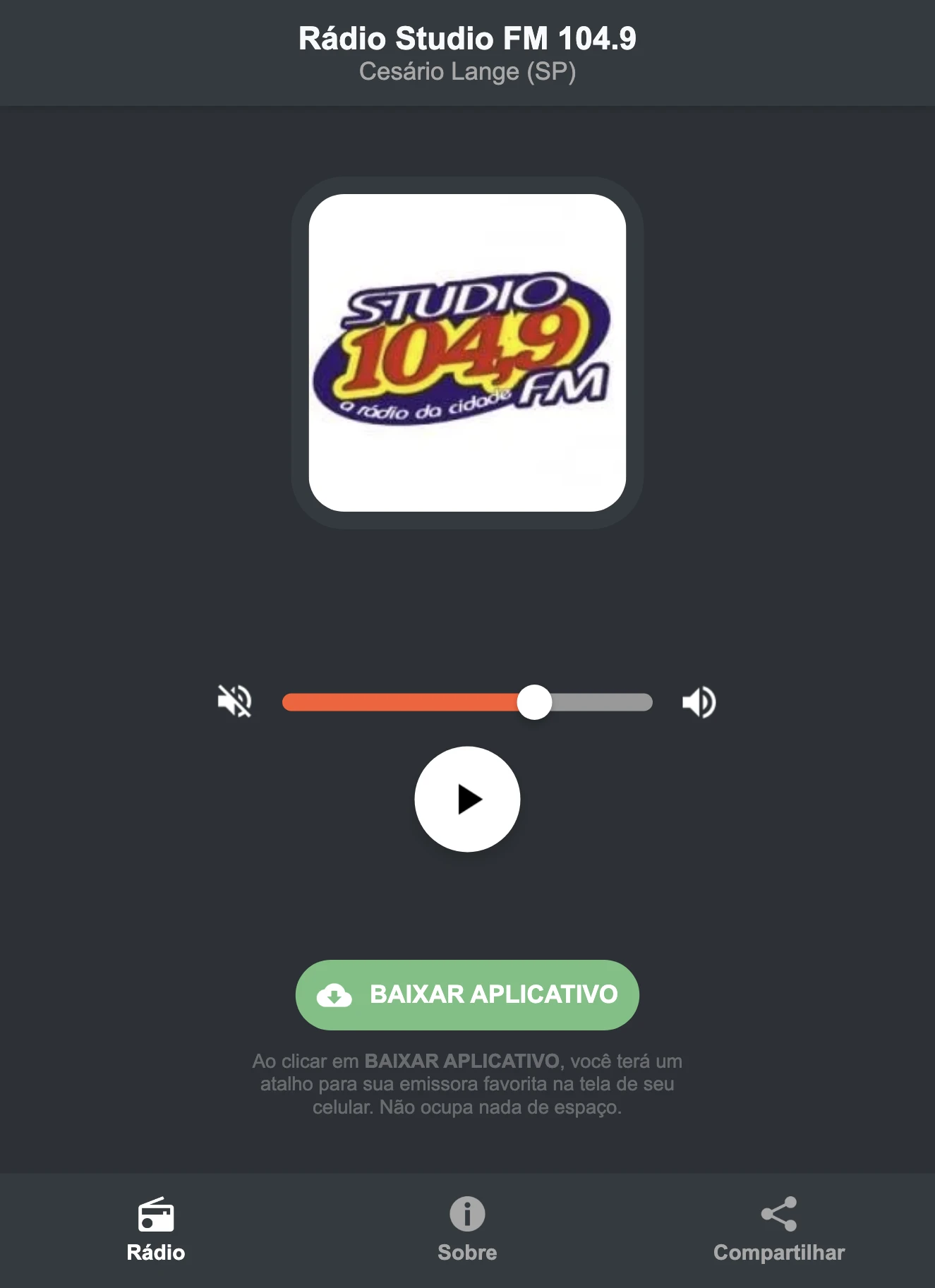 Screenshot do aplicativo da Rádio Studio FM 104.9