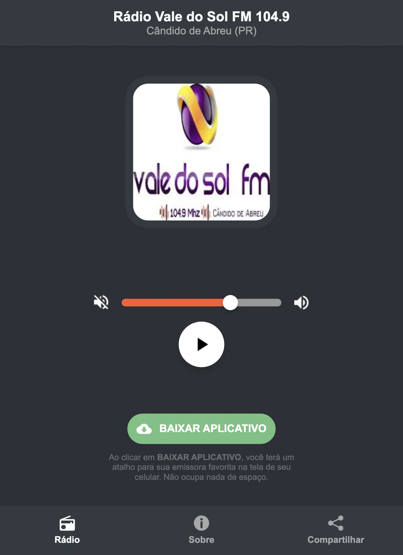 Screenshot do aplicativo da Rádio Vale do Sol FM 104.9