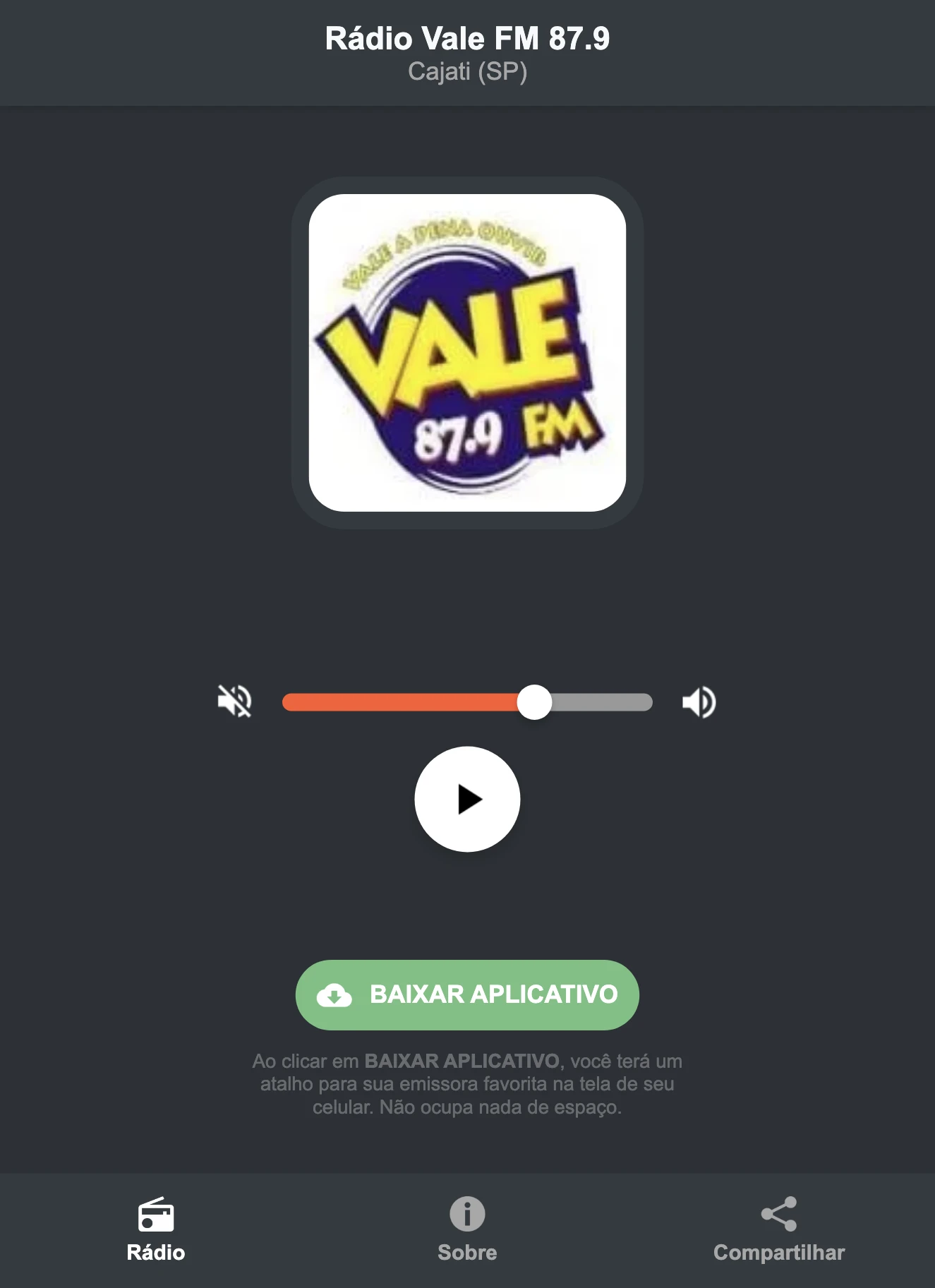 Screenshot do aplicativo da Rádio Vale FM 87.9